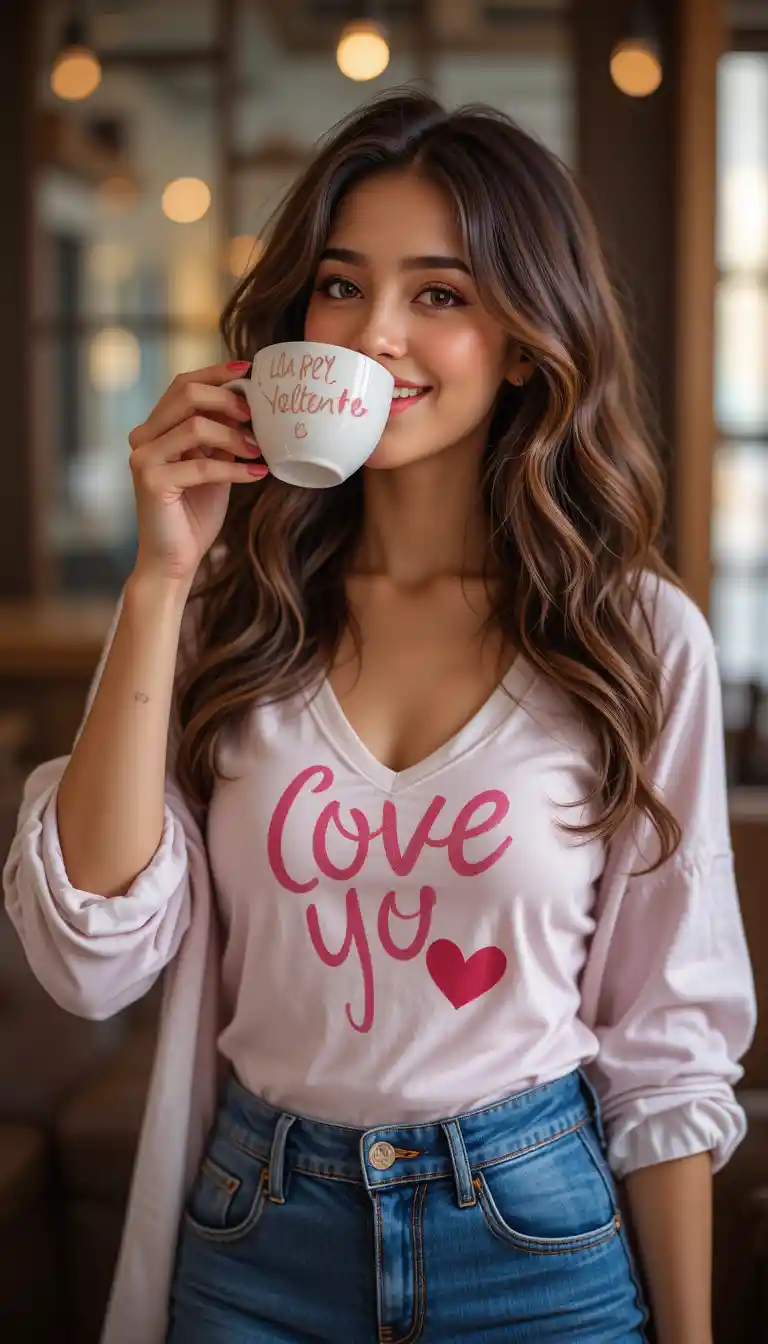 Mujer bronceada y sonriente con vaqueros disfrutando de un café en San Valentín