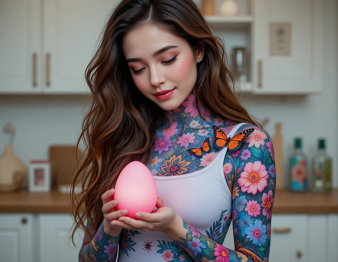 Mujer sonriente sosteniendo un huevo rosa brillante en la cocina