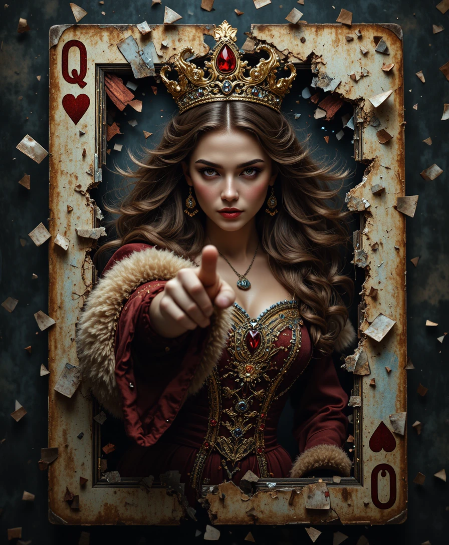 Queen of Hearts emerging from a shattered playing card