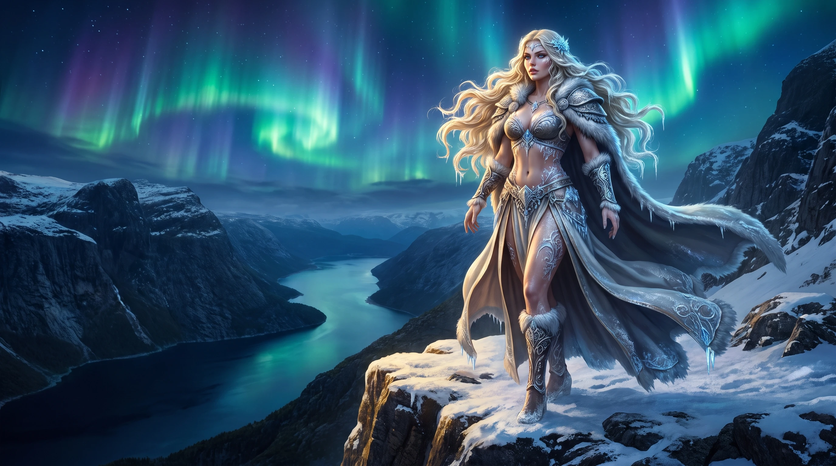 Diosa nórdica en fiordos helados bajo la aurora boreal