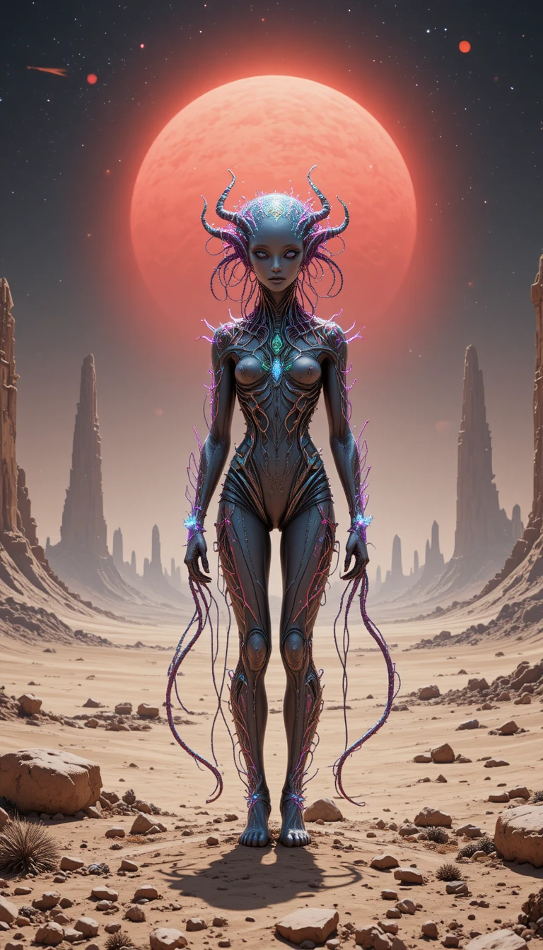 Explorador alienígena bajo soles rojos en un mundo cristalino desolado
