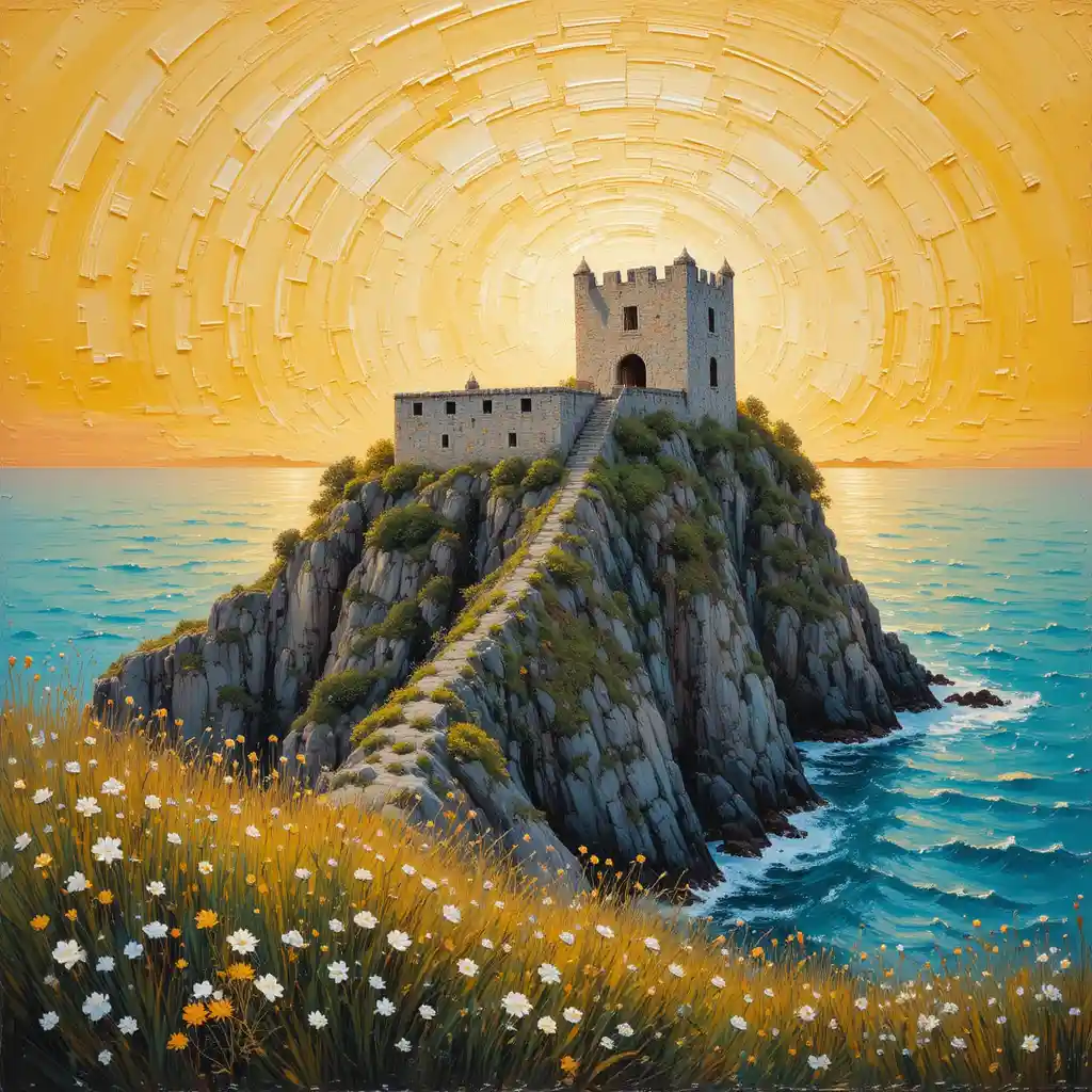 Impressionist castle on a rocky cliff above turquoise sea