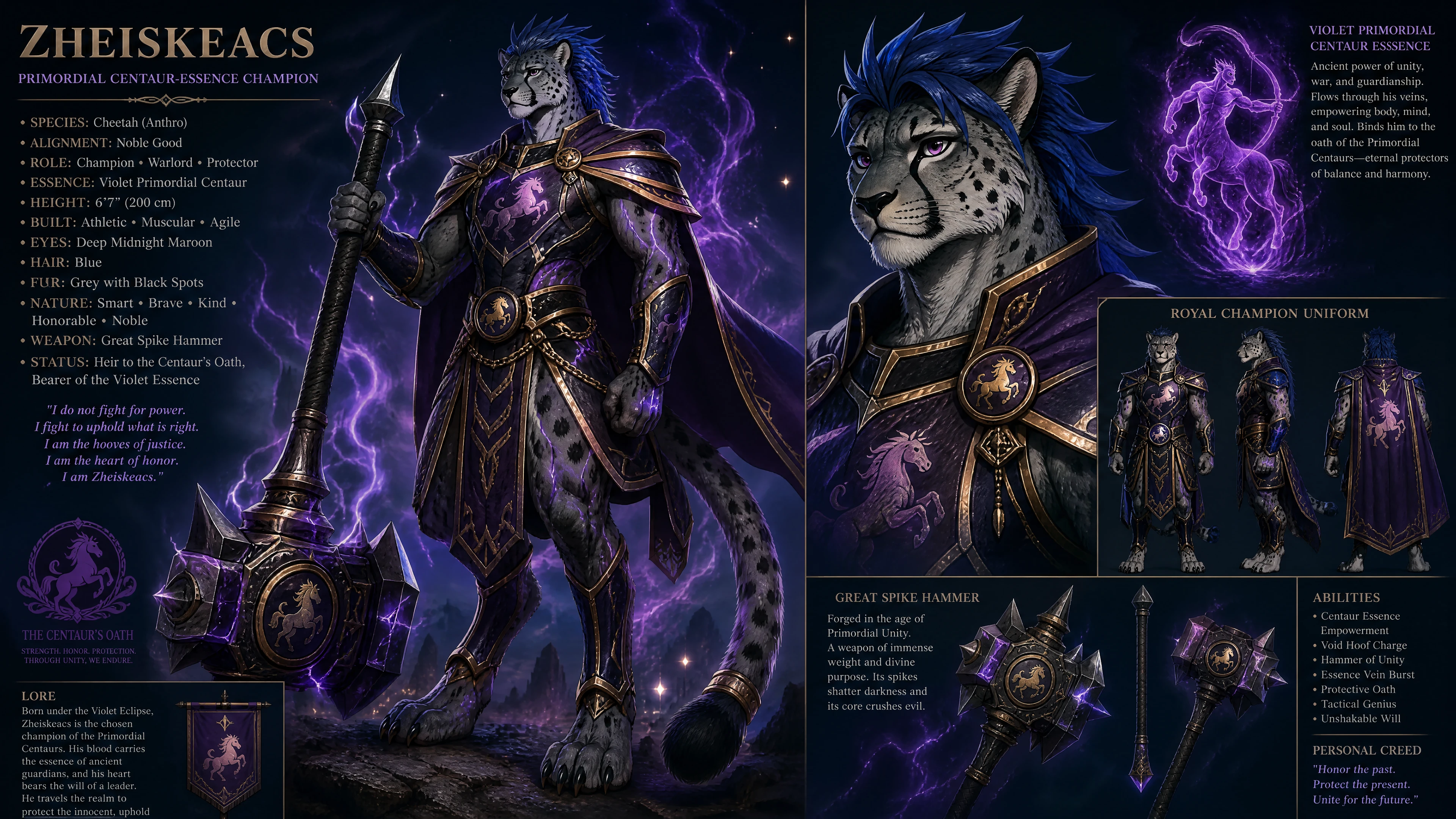 Anthropomorphic cheetah warrior in royal champion uniform