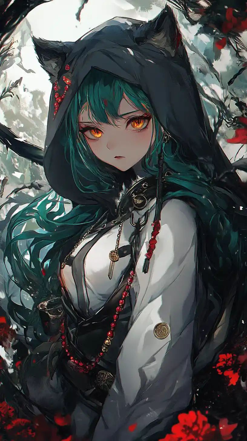Anime girl in green hoodie with wolf motif and white skirt