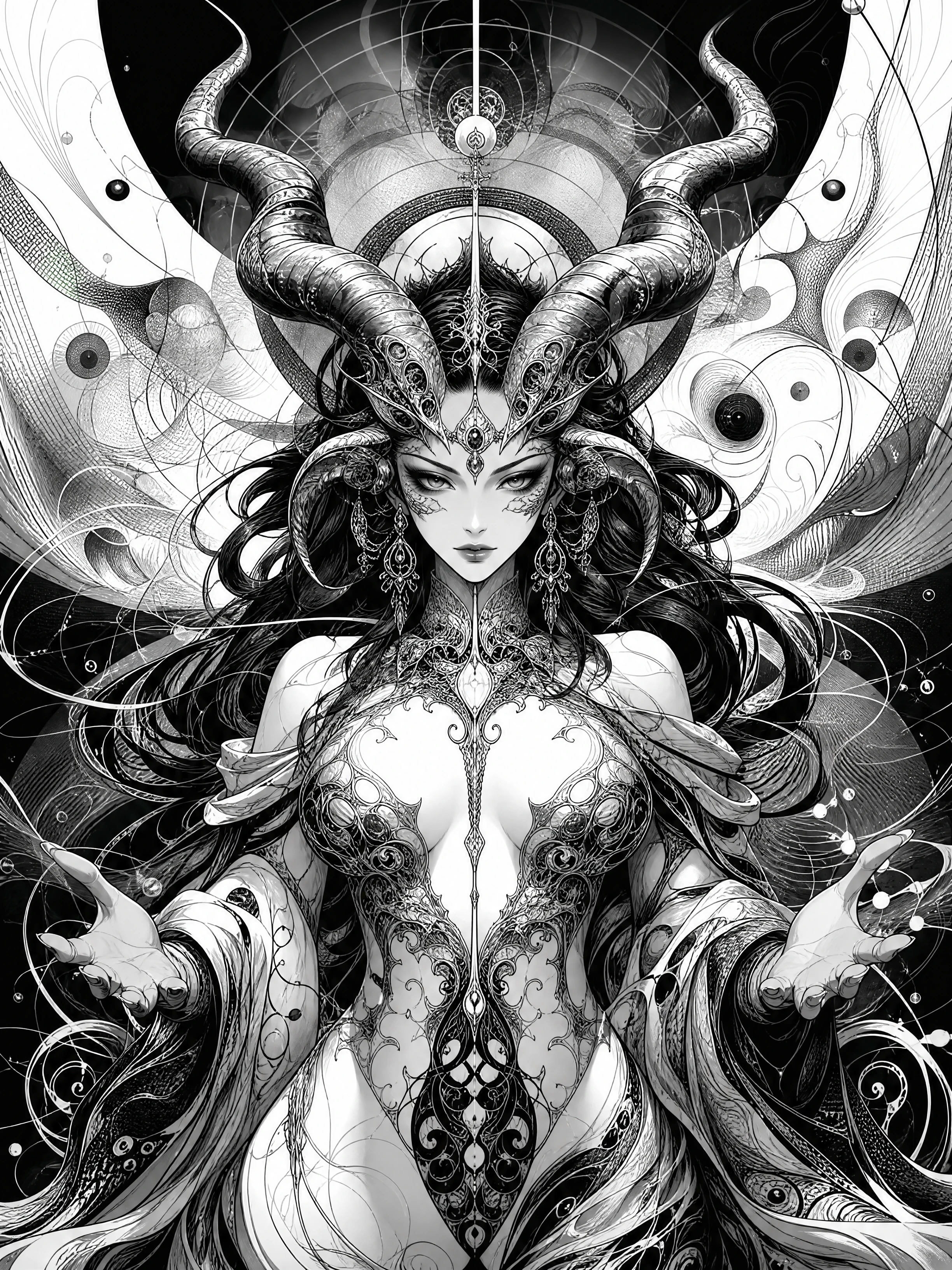 Mujer estilo manga con cuernos y cuerpo cerámico fractal con vestido