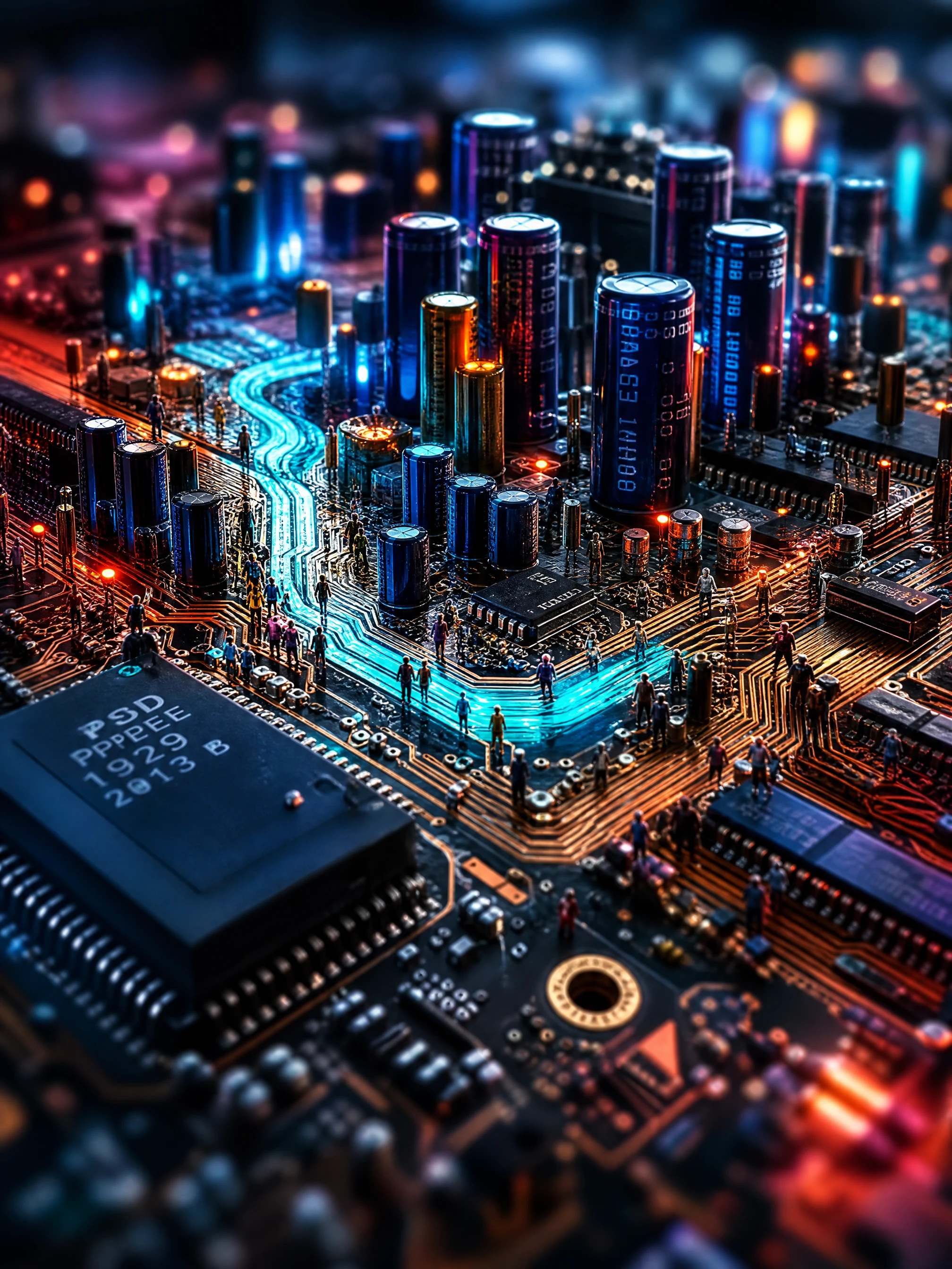 Microscopic neon cityscape built within a complex circuit board