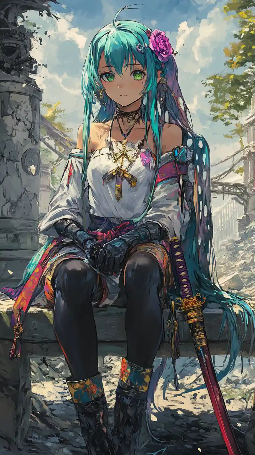Anime girl on a bench in a ruined city with sword
