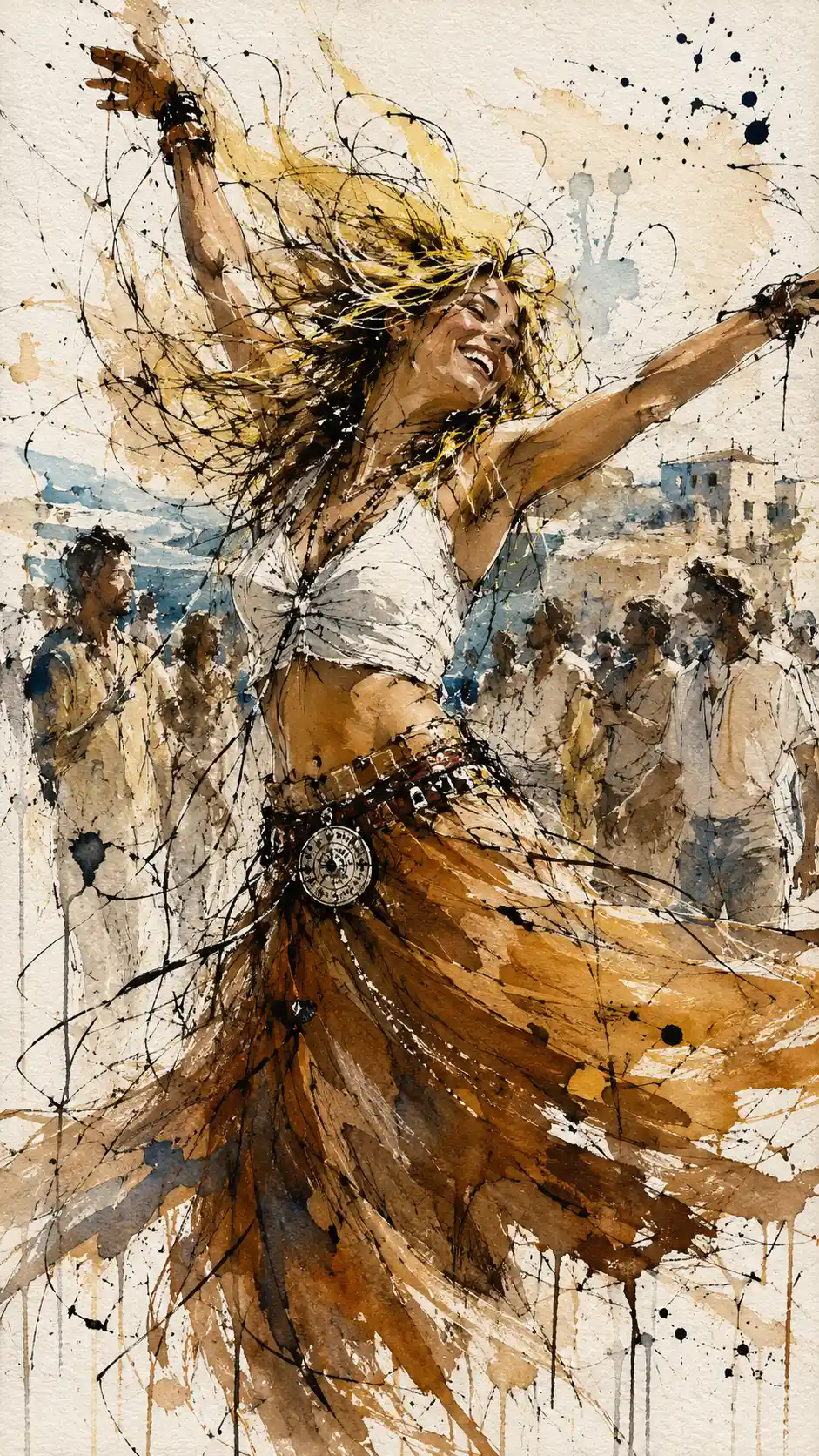 Mujer alegre bailando en un movimiento expresivo de arte mixto