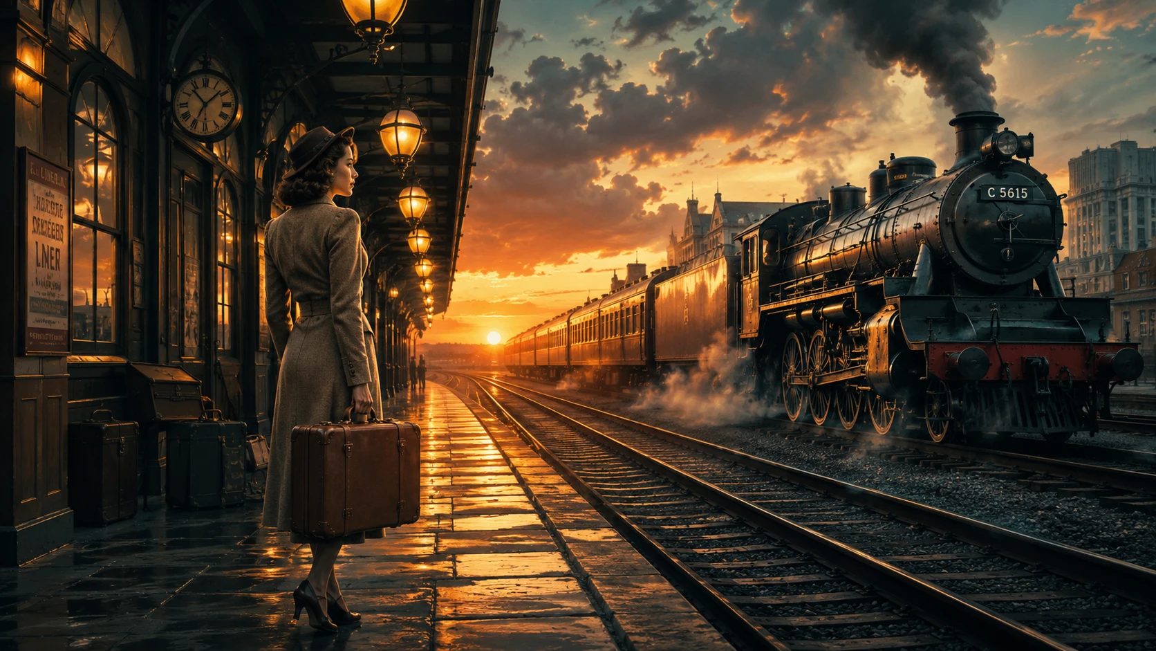 Mujer en andén de estación de tren vintage al atardecer