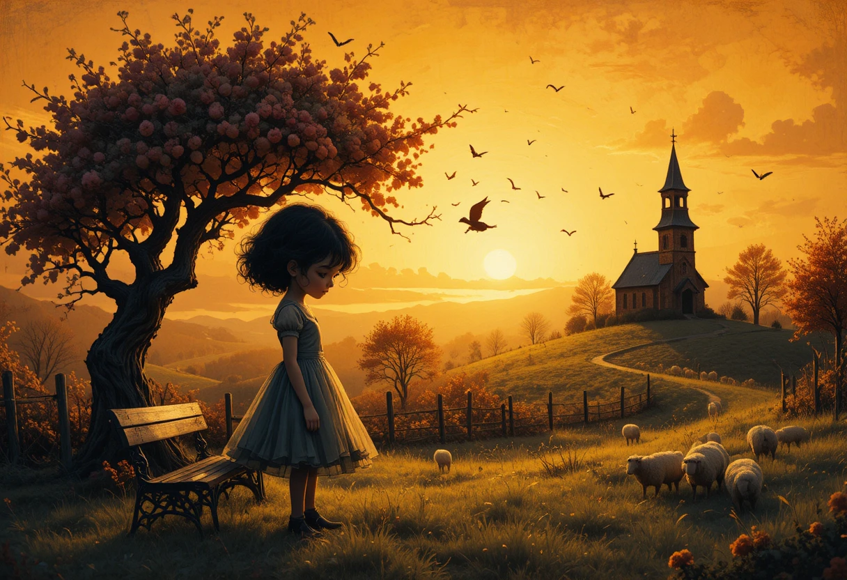 Niña melancólica y muñeca rota al amanecer en el campo