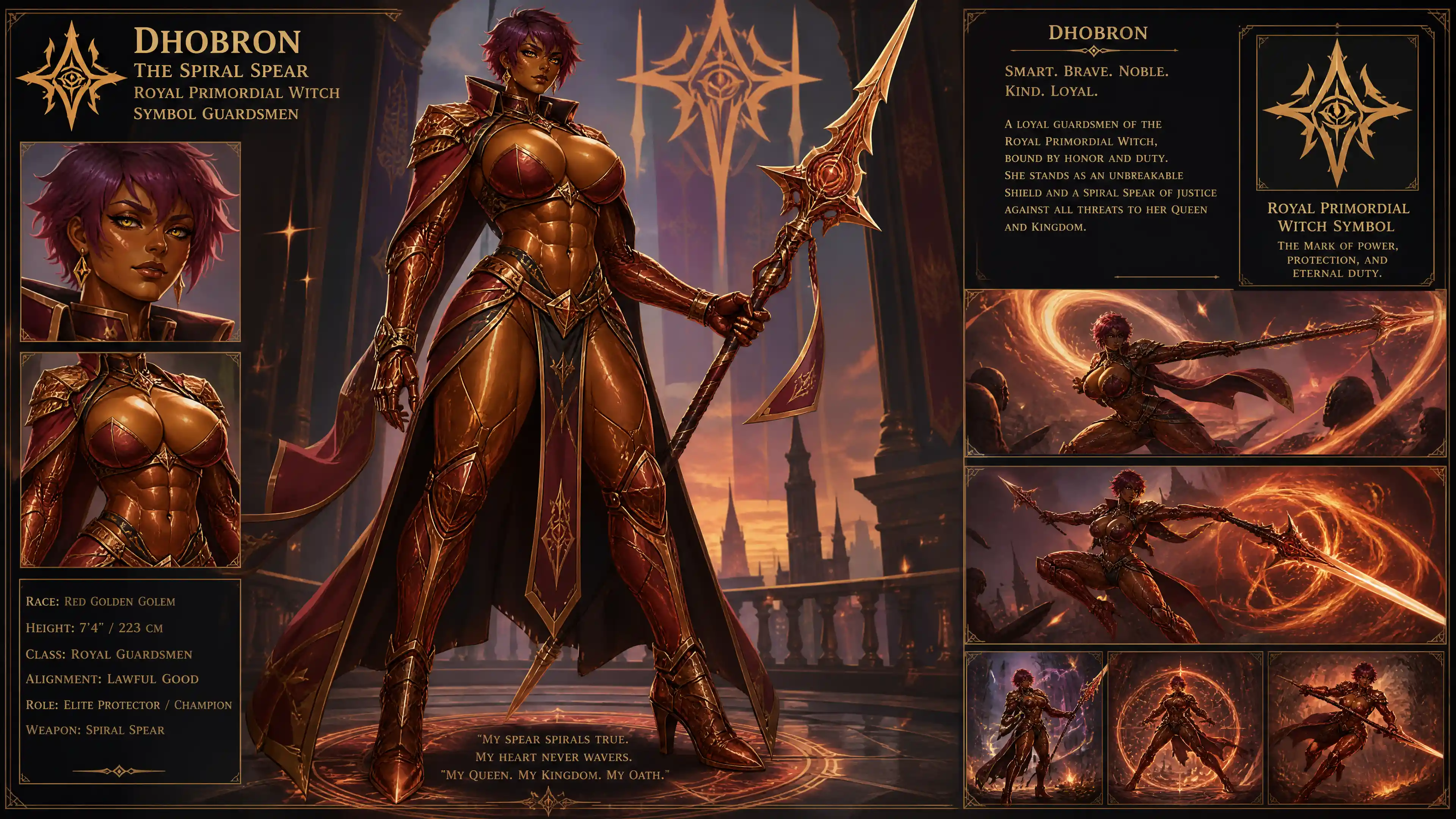 Tall female golem guardswoman in royal witch uniform