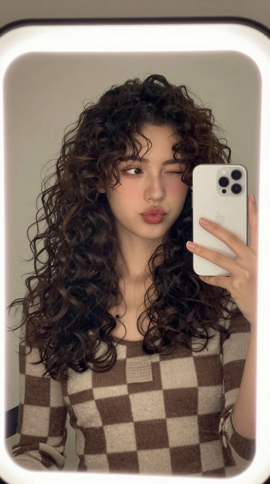 곱슬머리 여자의 즐거운 거울 셀카