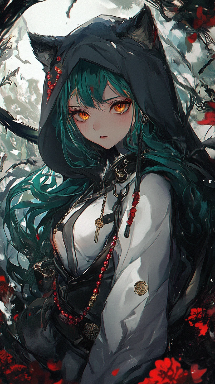 Anime girl in green hoodie with wolf motif and white skirt