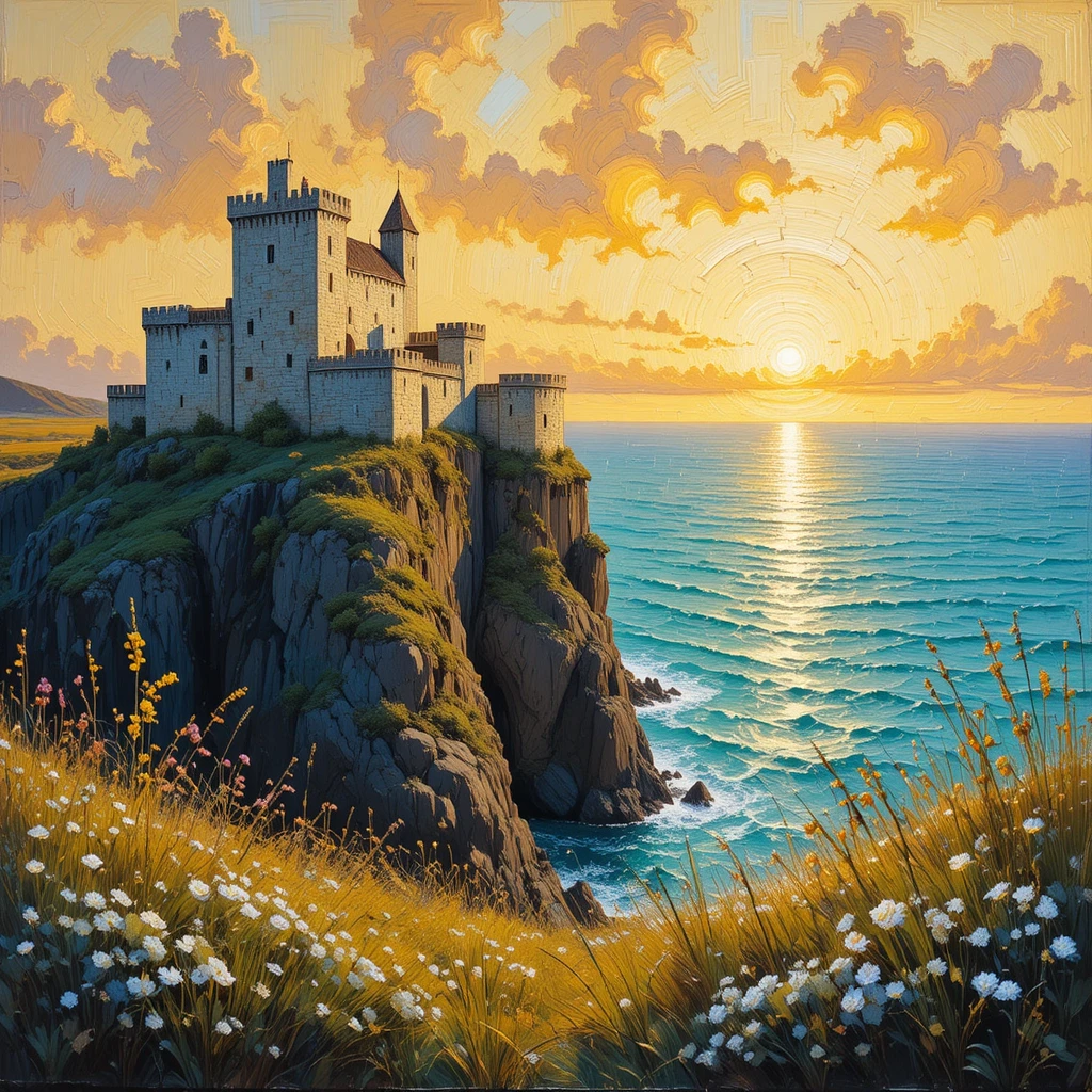 Castillo impresionista en acantilado rocoso sobre mar turquesa al atardecer