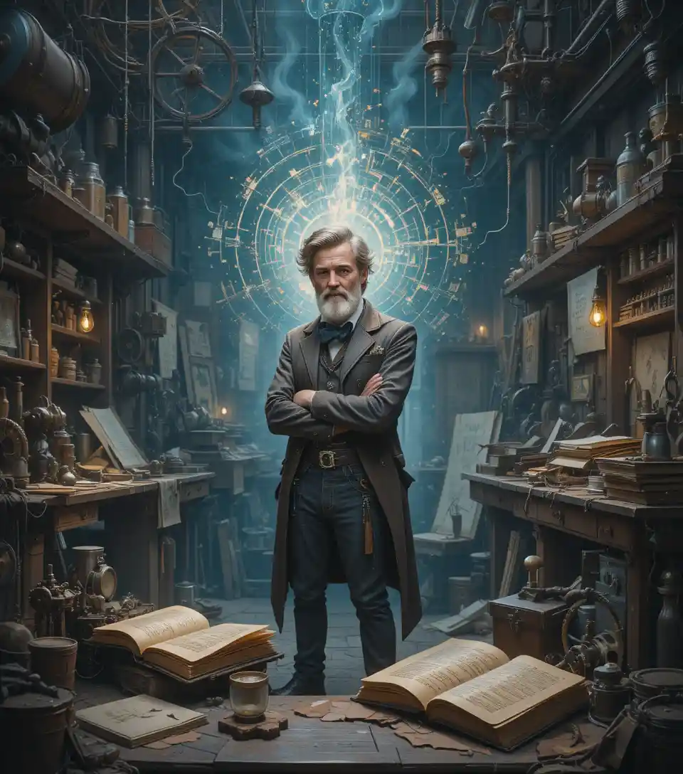 Focused inventor in a cluttered workshop of strange machines