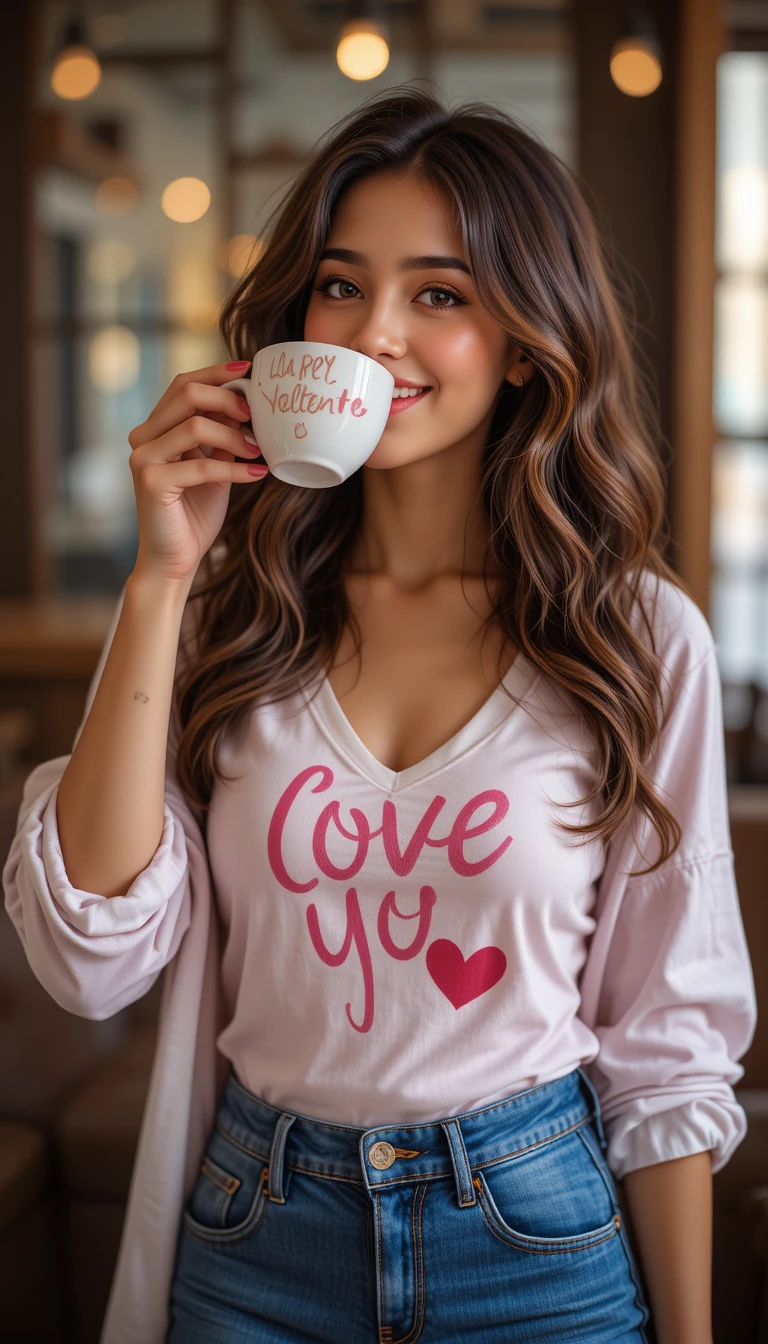 Mujer bronceada y sonriente con vaqueros disfrutando de un café en San Valentín