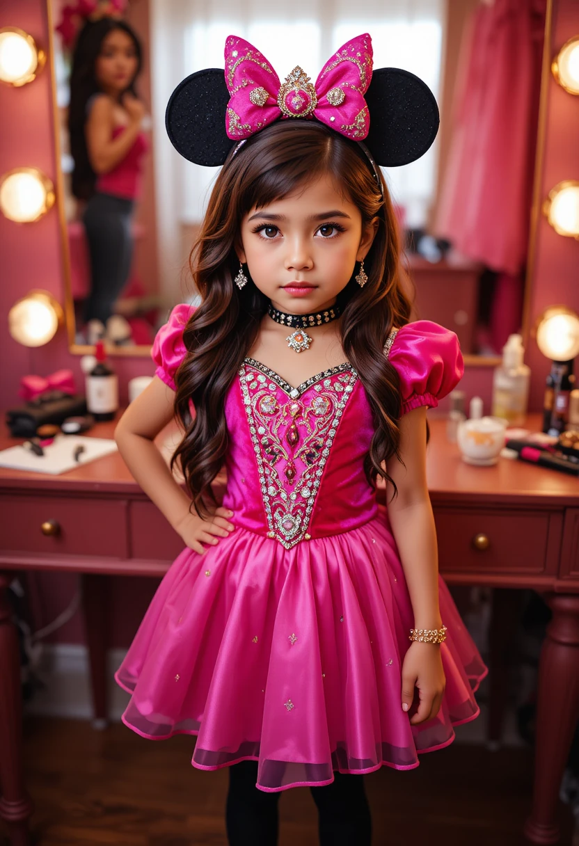 Nervous boy in princess costume posing by vanity mirror