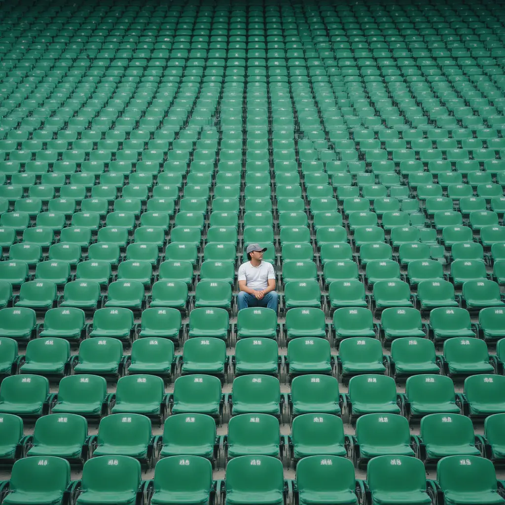 Single man in empty green stadium grandstand seats