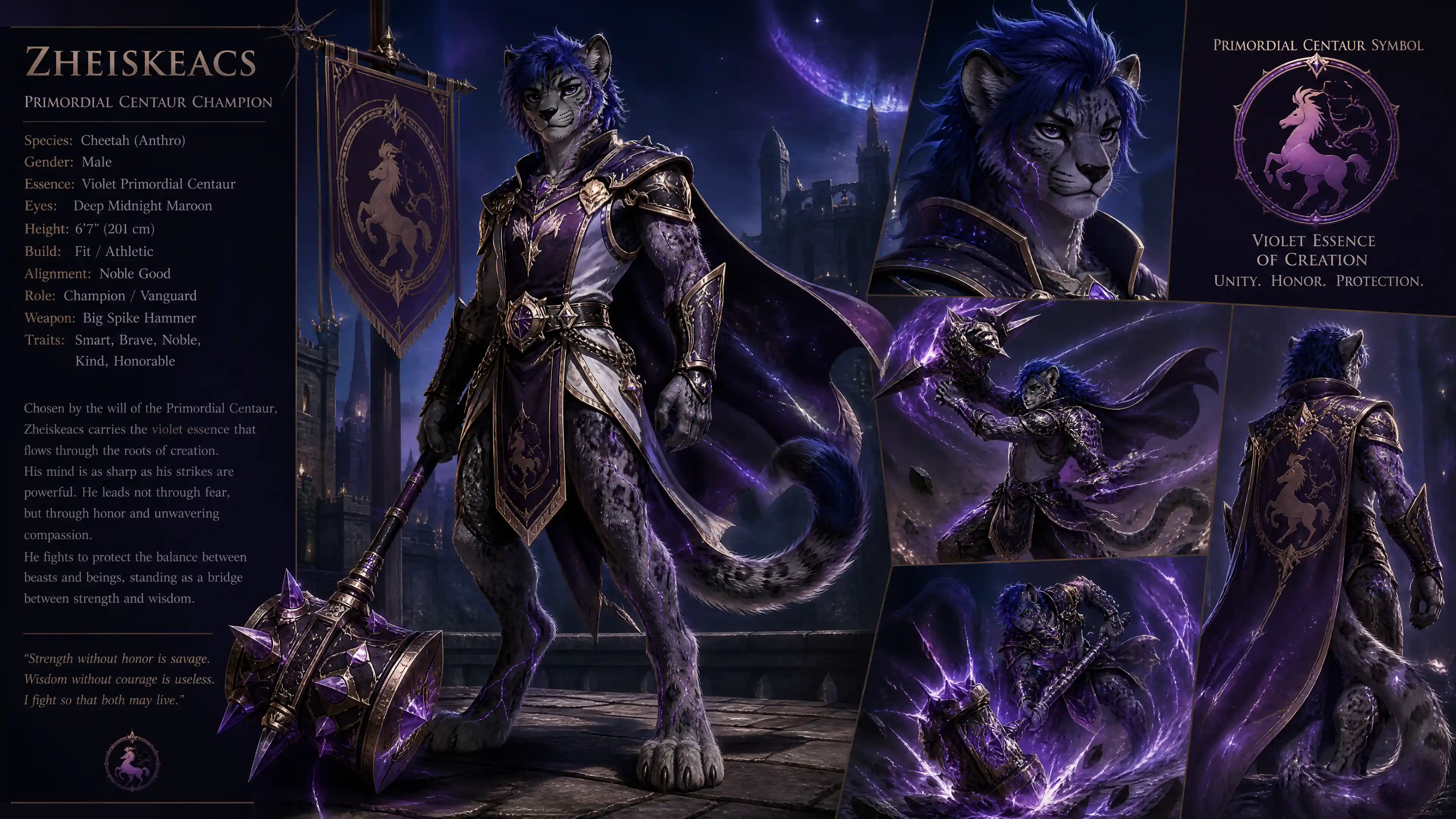 Anthro cheetah warrior in royal primordial armor