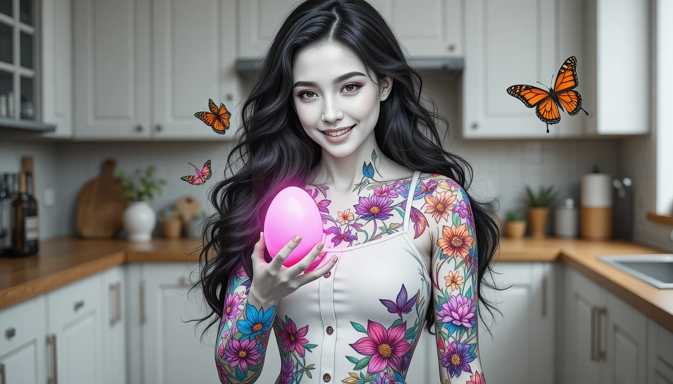 부엌에서 빛나는 분홍색 달걀을 들고 있는 미소 짓는 여성