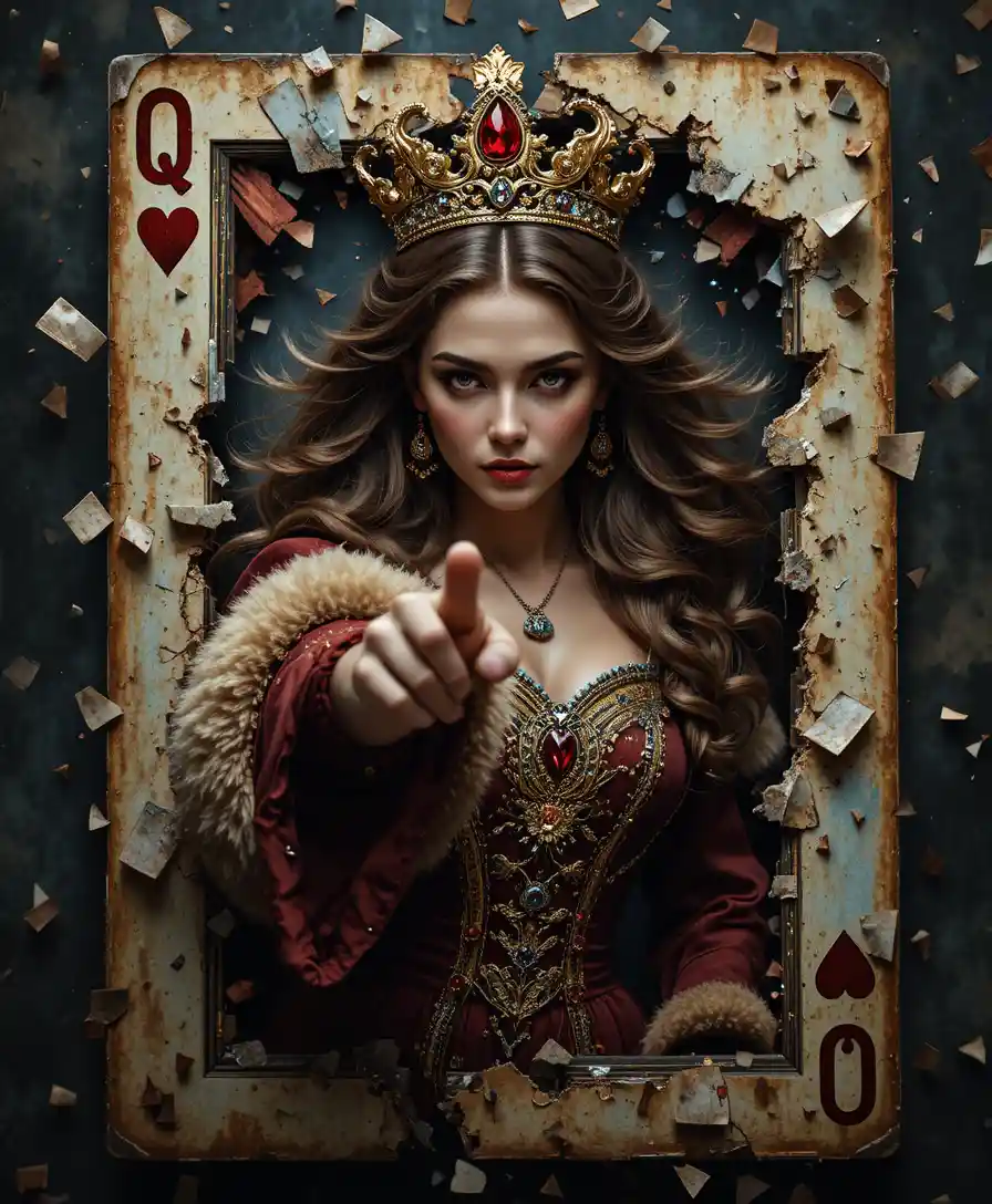 Queen of Hearts emerging from a shattered playing card