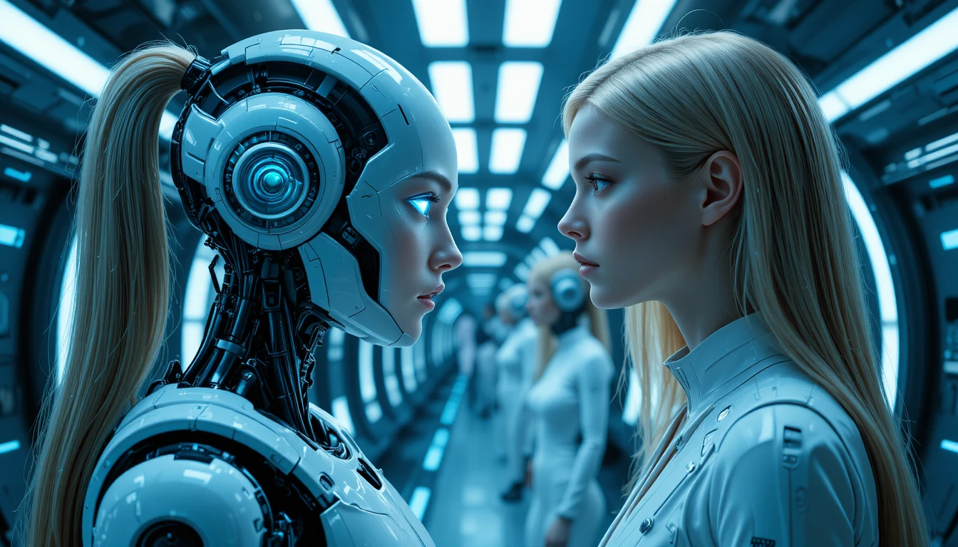 Frau steht einem humanoiden Roboter in futuristischem Raumschiffkorridor gegenüber
