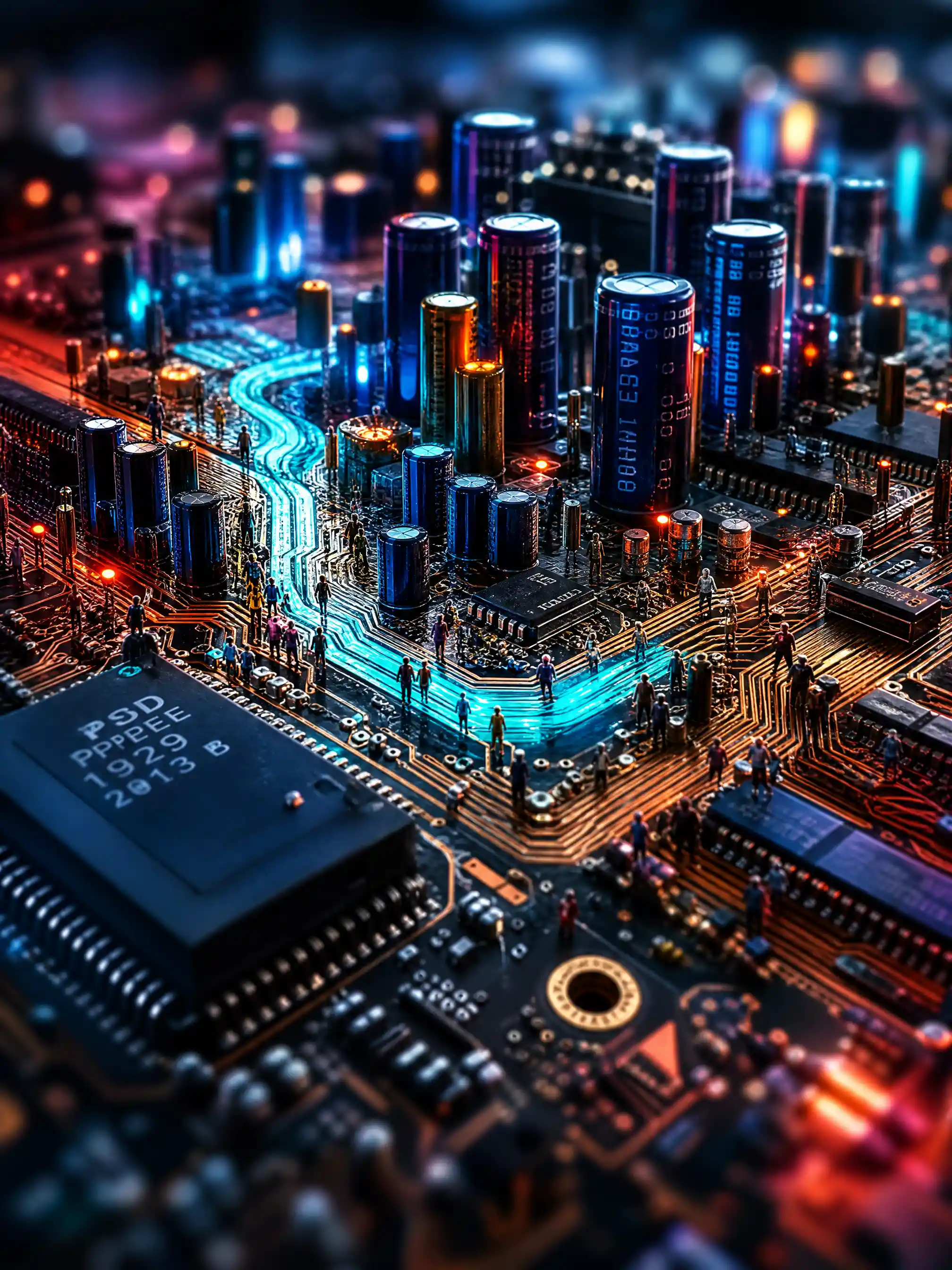 Città microscopica al neon costruita all’interno di un complesso circuito stampato