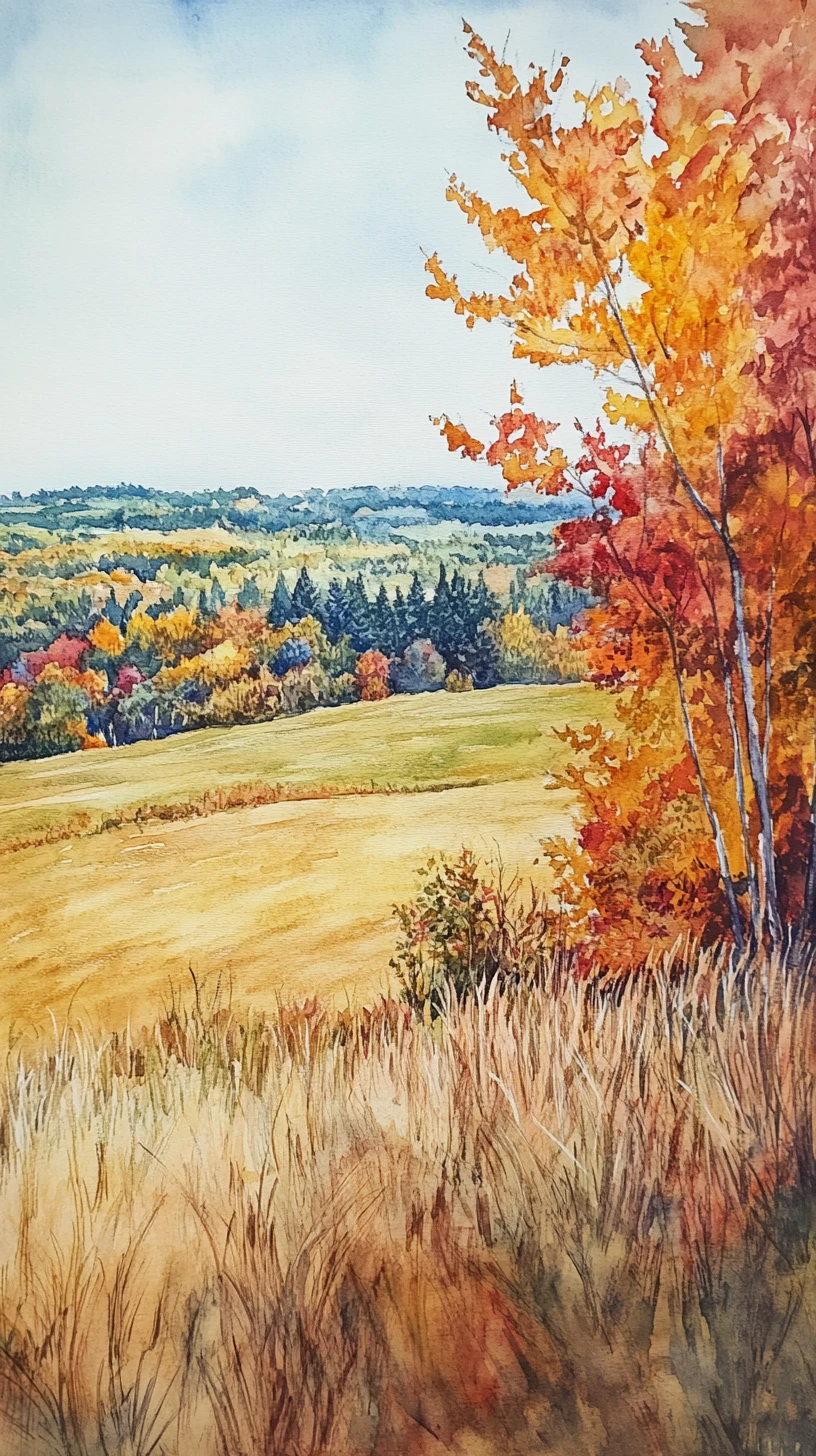 Paisaje primaveral en acuarela con árboles y hierba alta