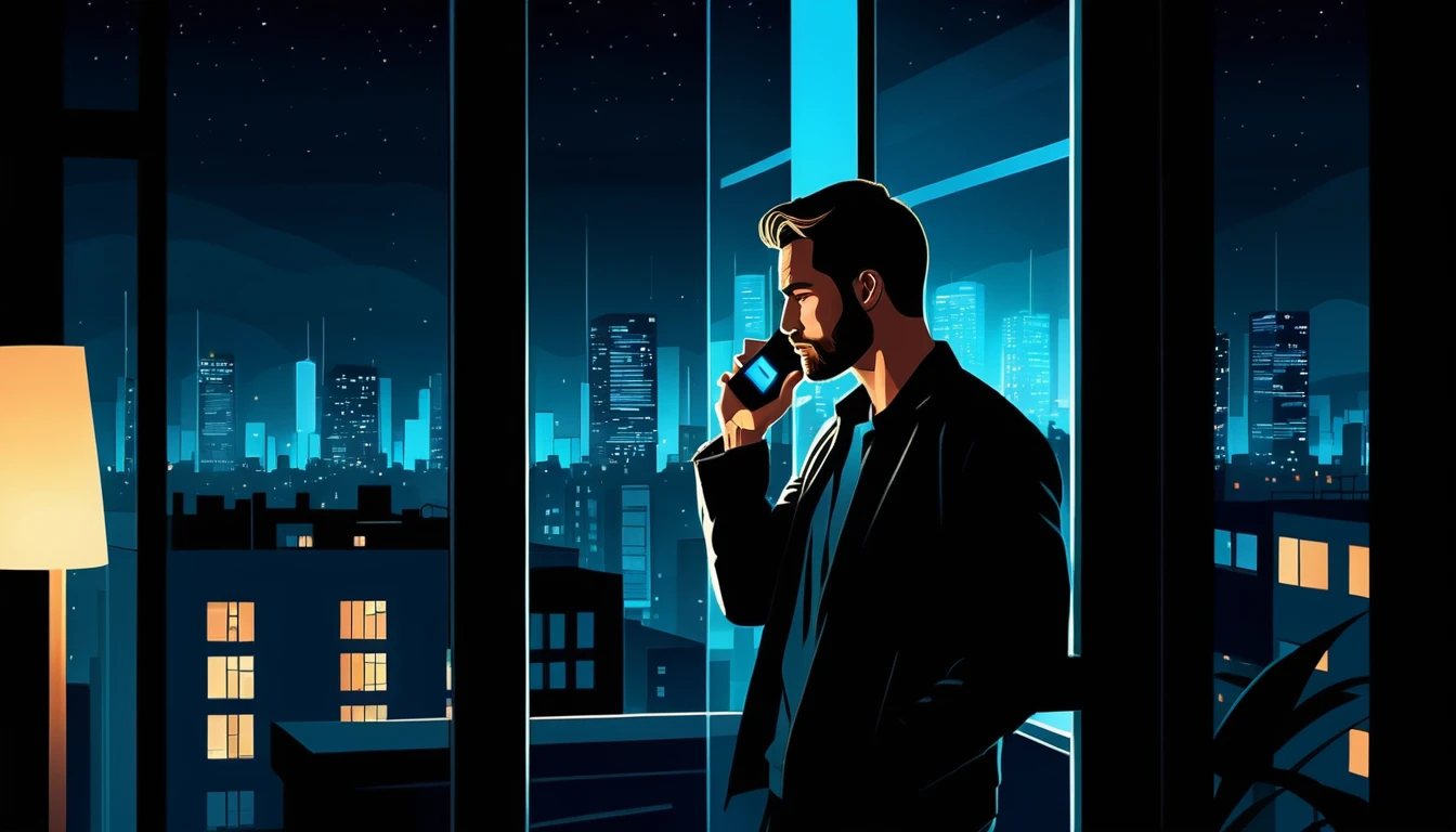 Hombre con teléfono brillante de noche en un apartamento de la ciudad