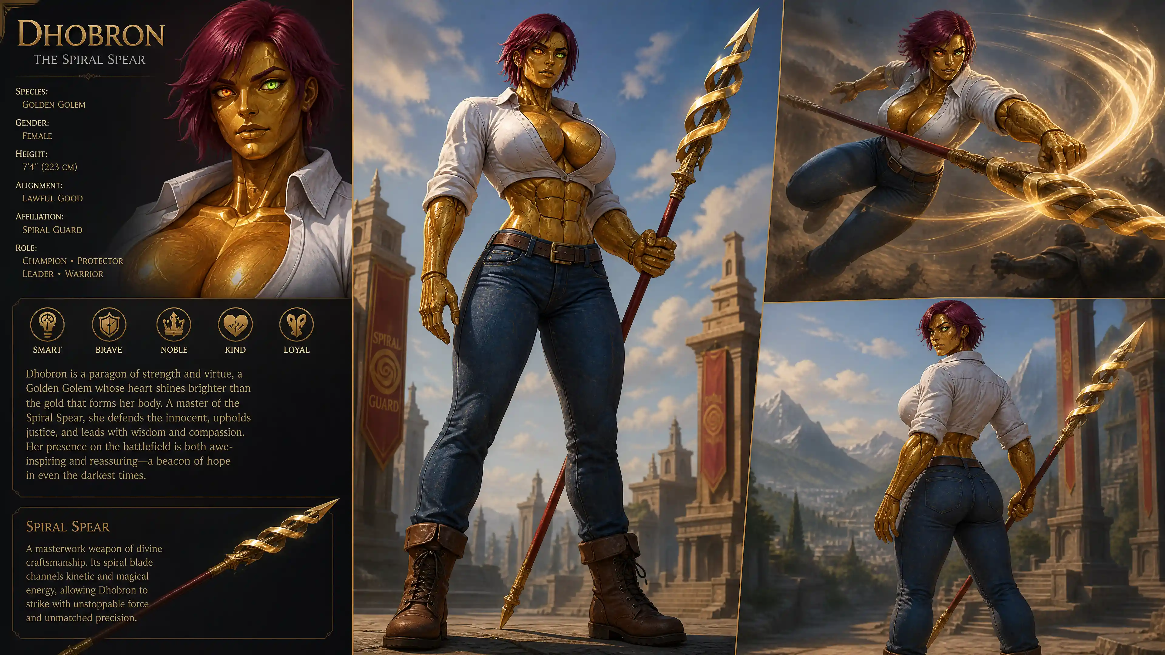 Tall red golden golem woman with spiral spear