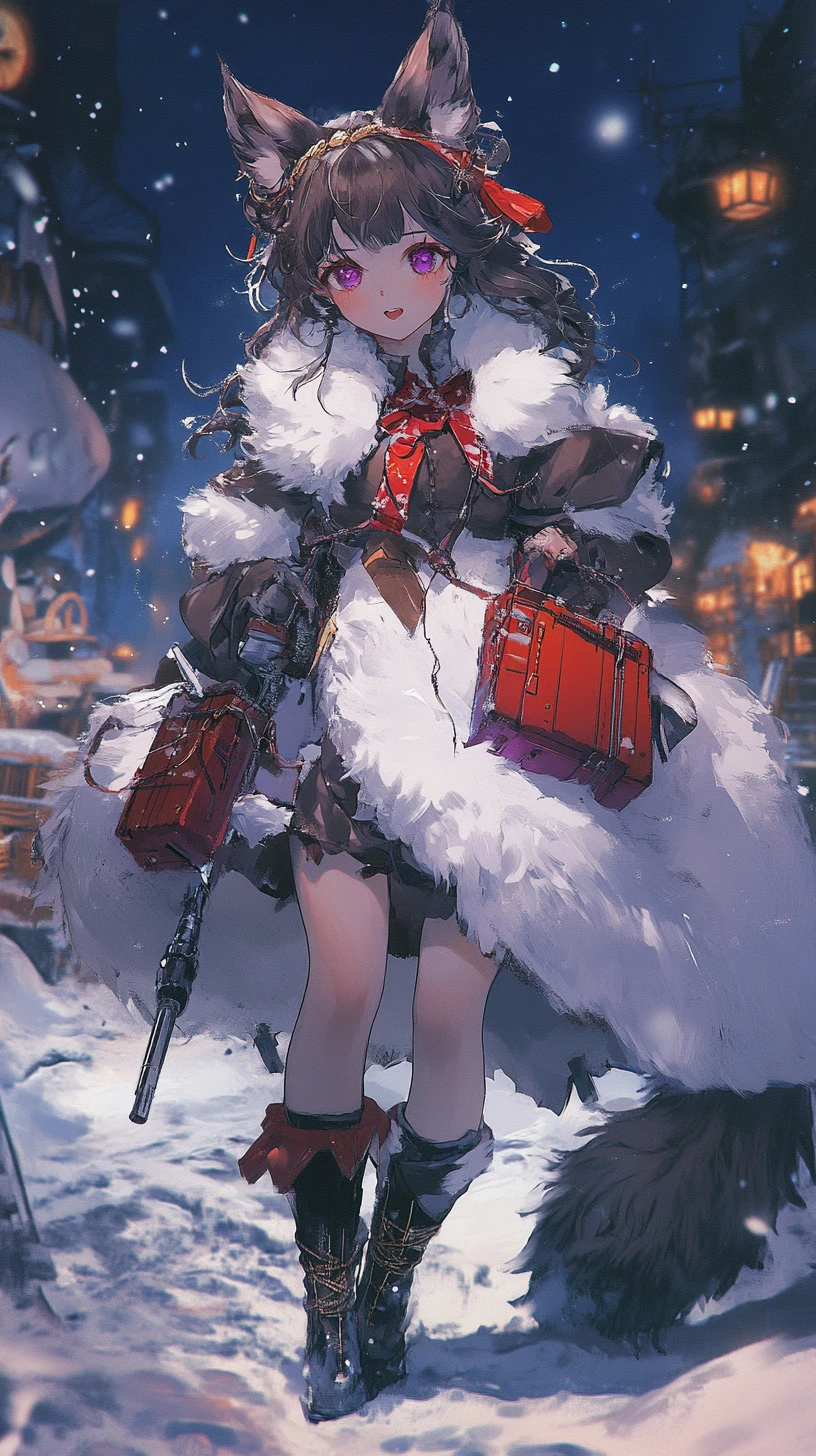 Chica anime con vestido de invierno en escalera con rifle de asalto