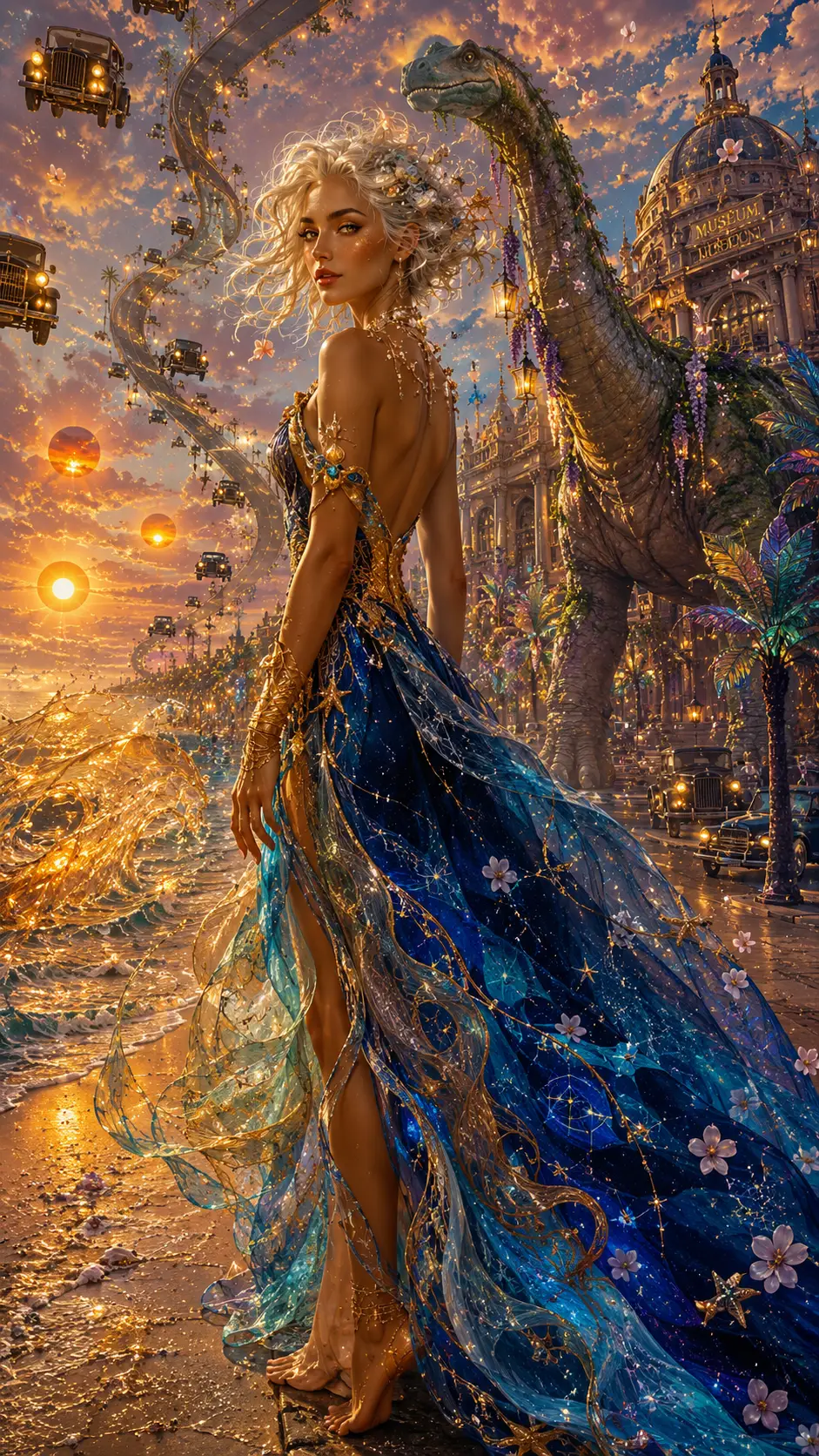 Surreal woman on a crystal ocean beach at sunset