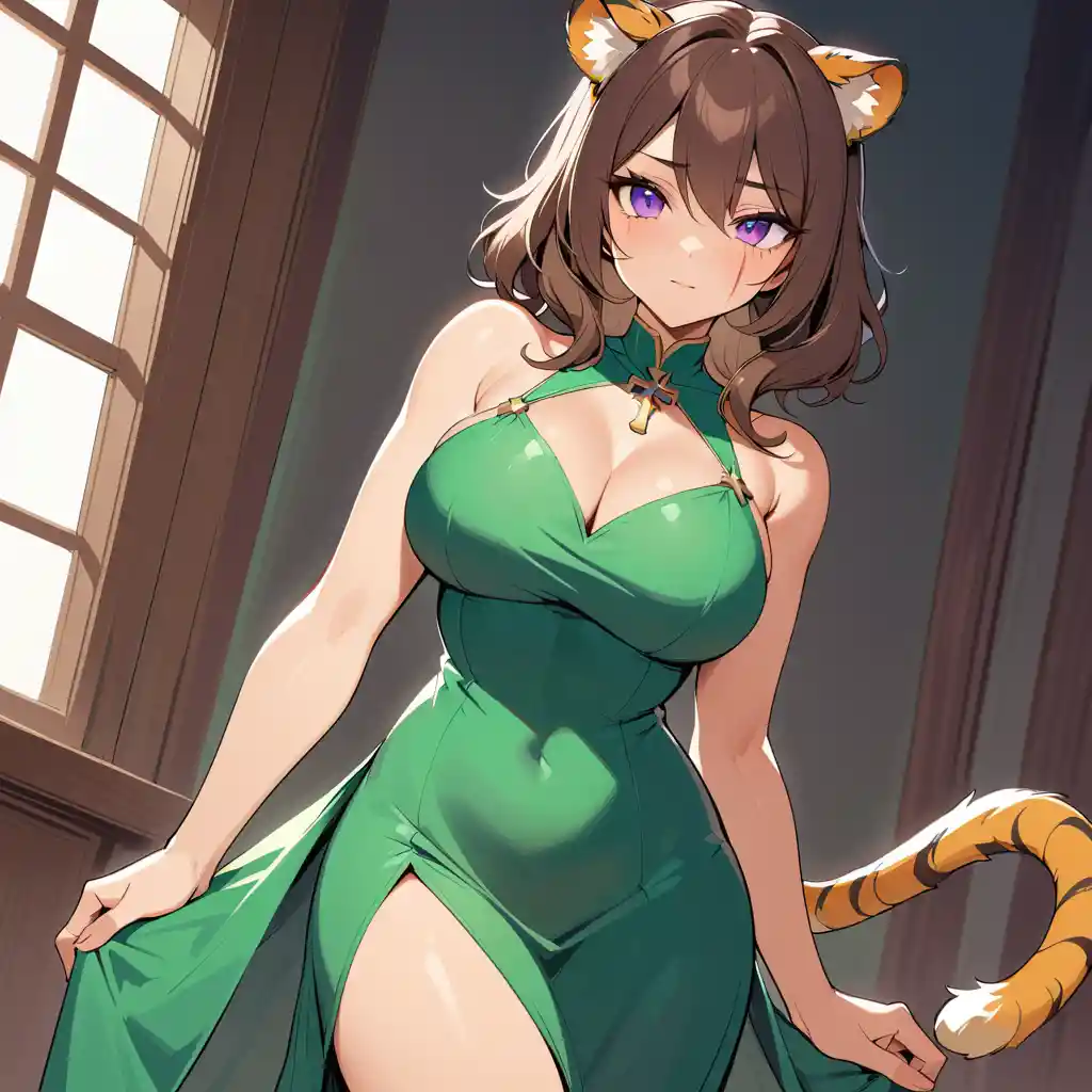 Tiger eared fantasy woman in emerald green dress