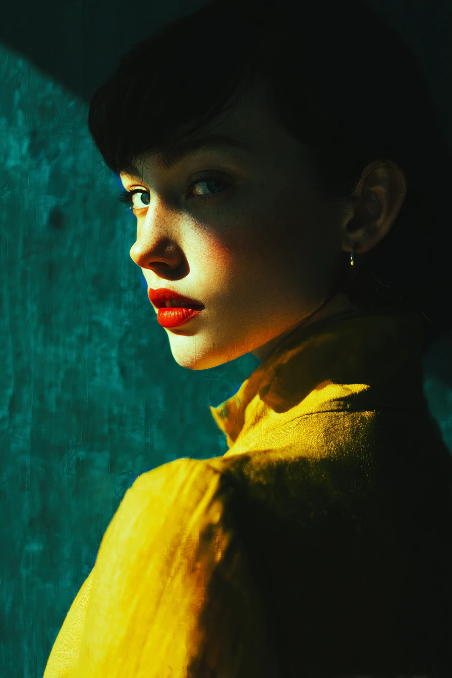 Surreal close up portrait in bold yellow and indigo tones