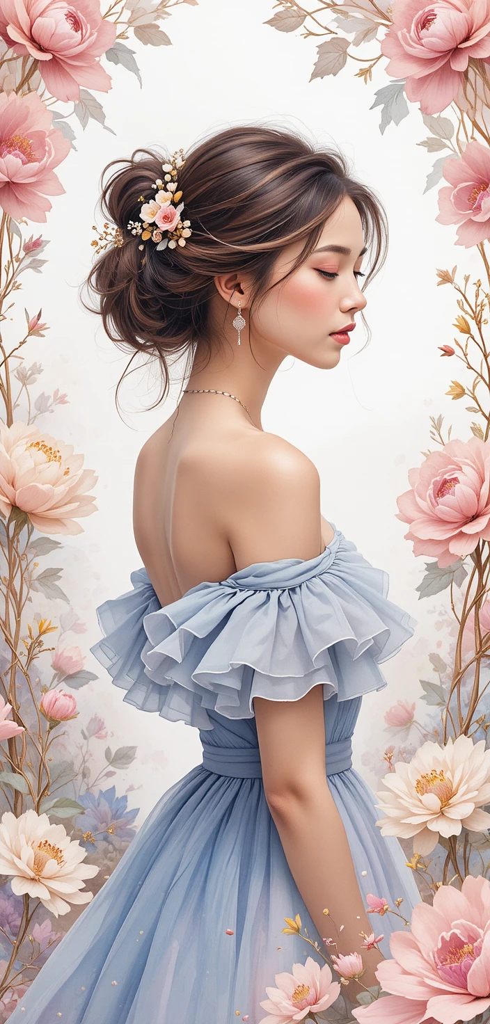 Retrato en acuarela de una mujer serena con recogido floral