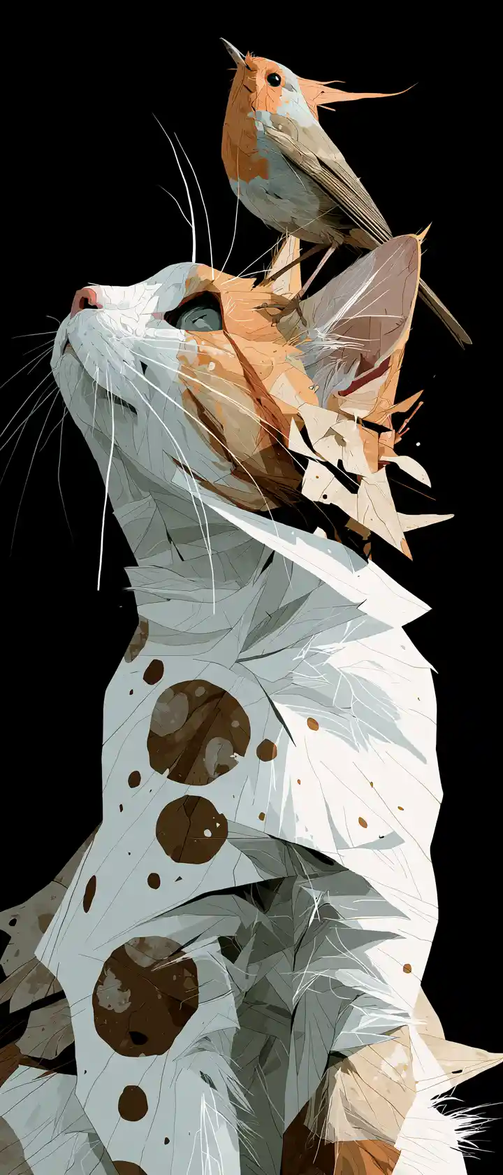 Gato blanco y marrón con un pequeño pájaro en ilustración