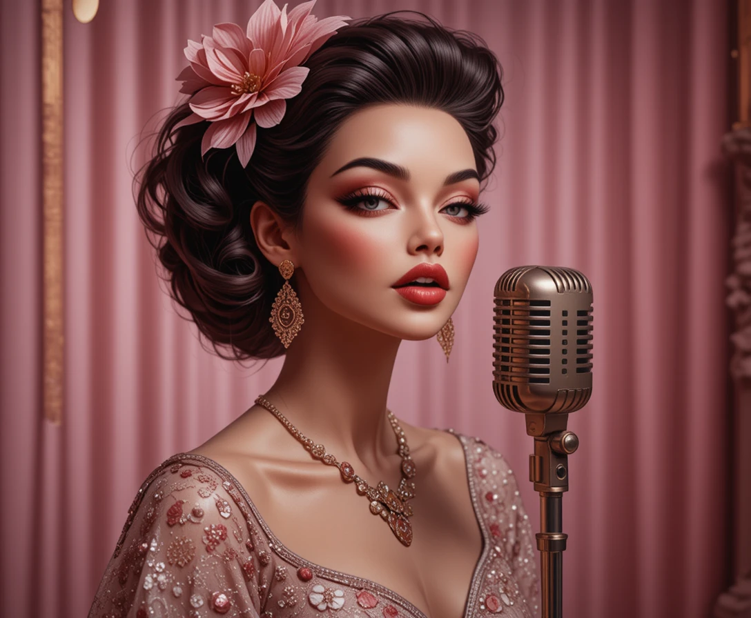 Mujer glamurosa cantando con micrófono vintage en estudio