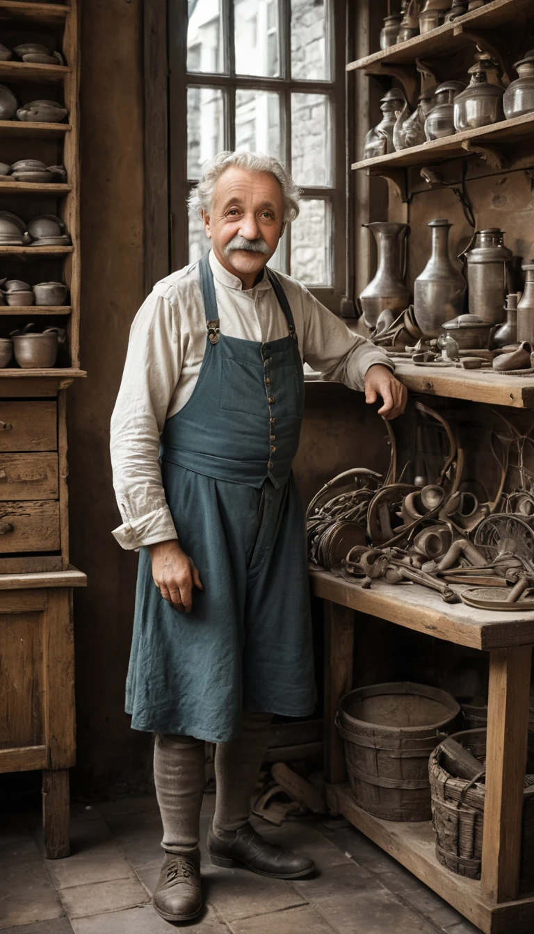 Elderly cobbler behind wooden counter in vintage workshop