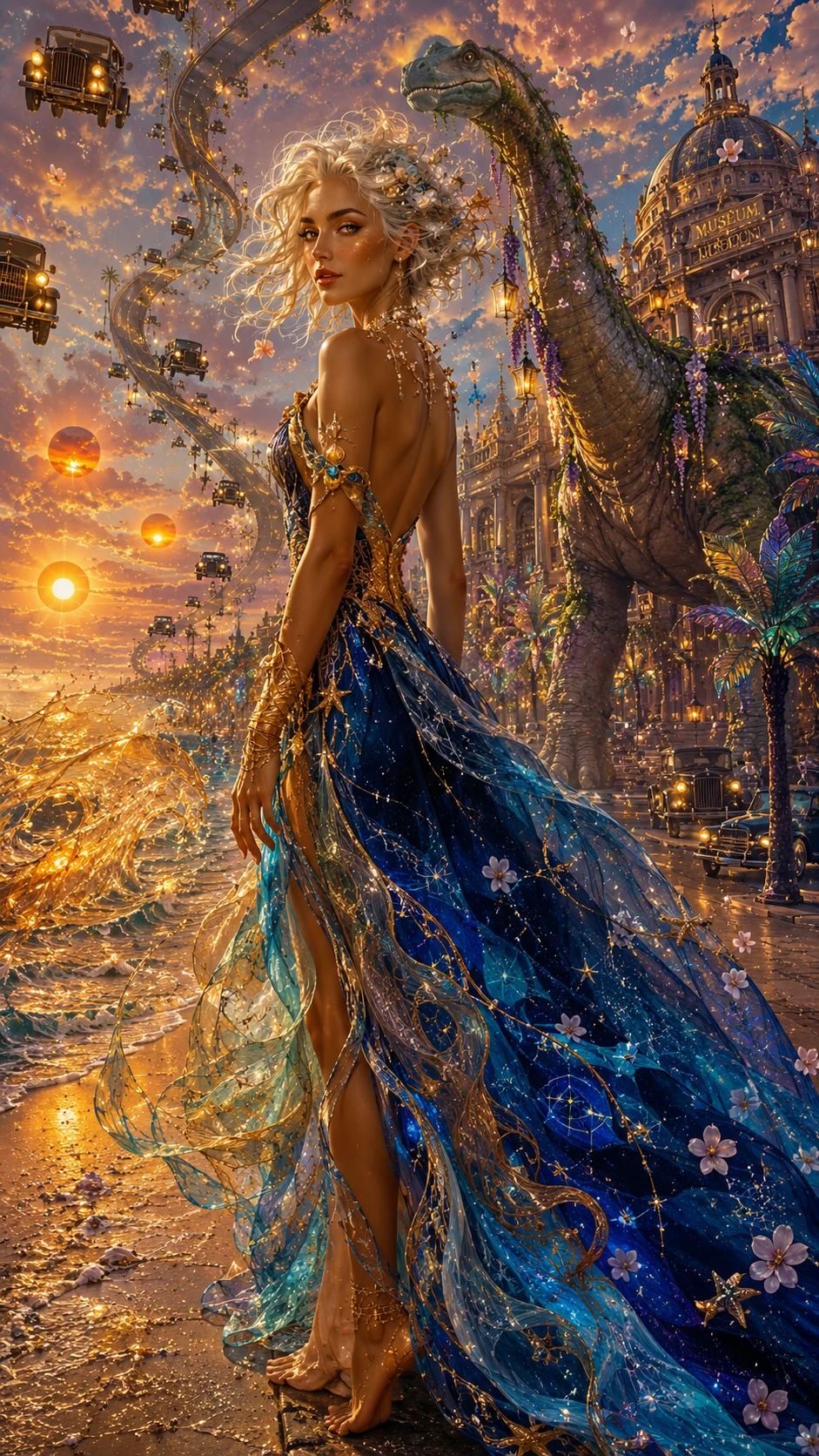Mujer surrealista en una playa de océano cristalino al atardecer