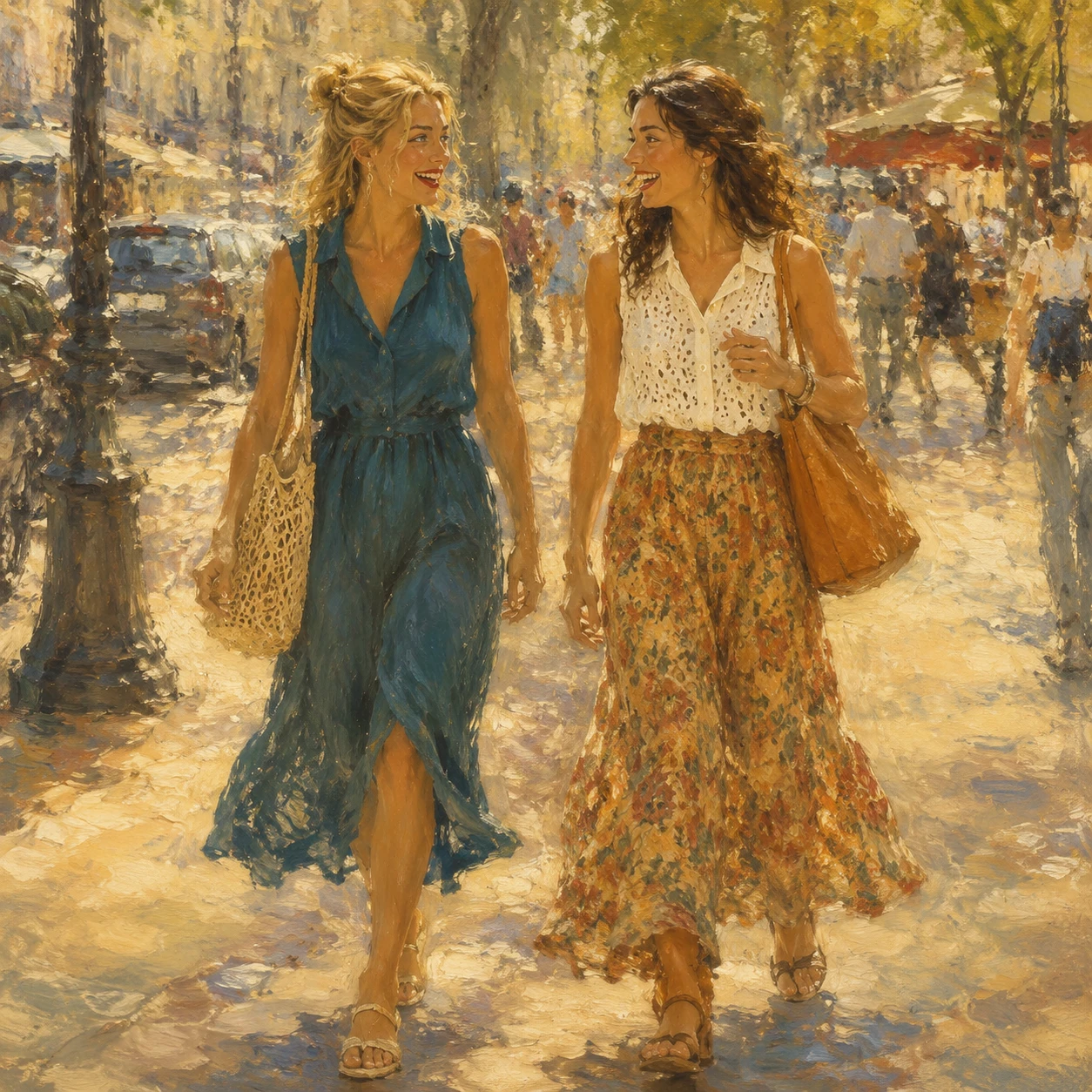 Dos amigas riendo juntas en una soleada calle de la ciudad