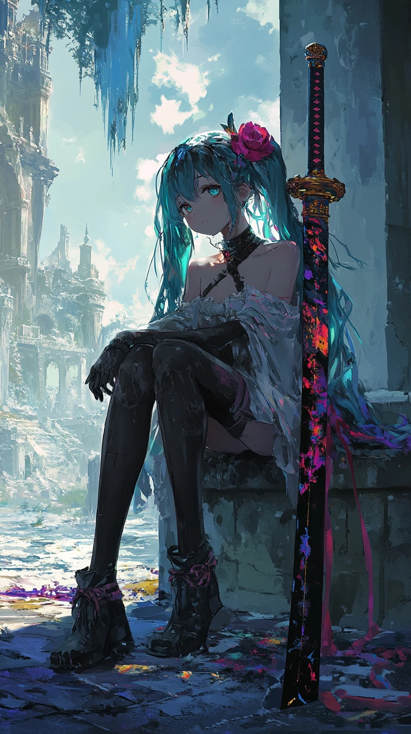 Chica de anime en un banco en una ciudad postapocalíptica en ruinas