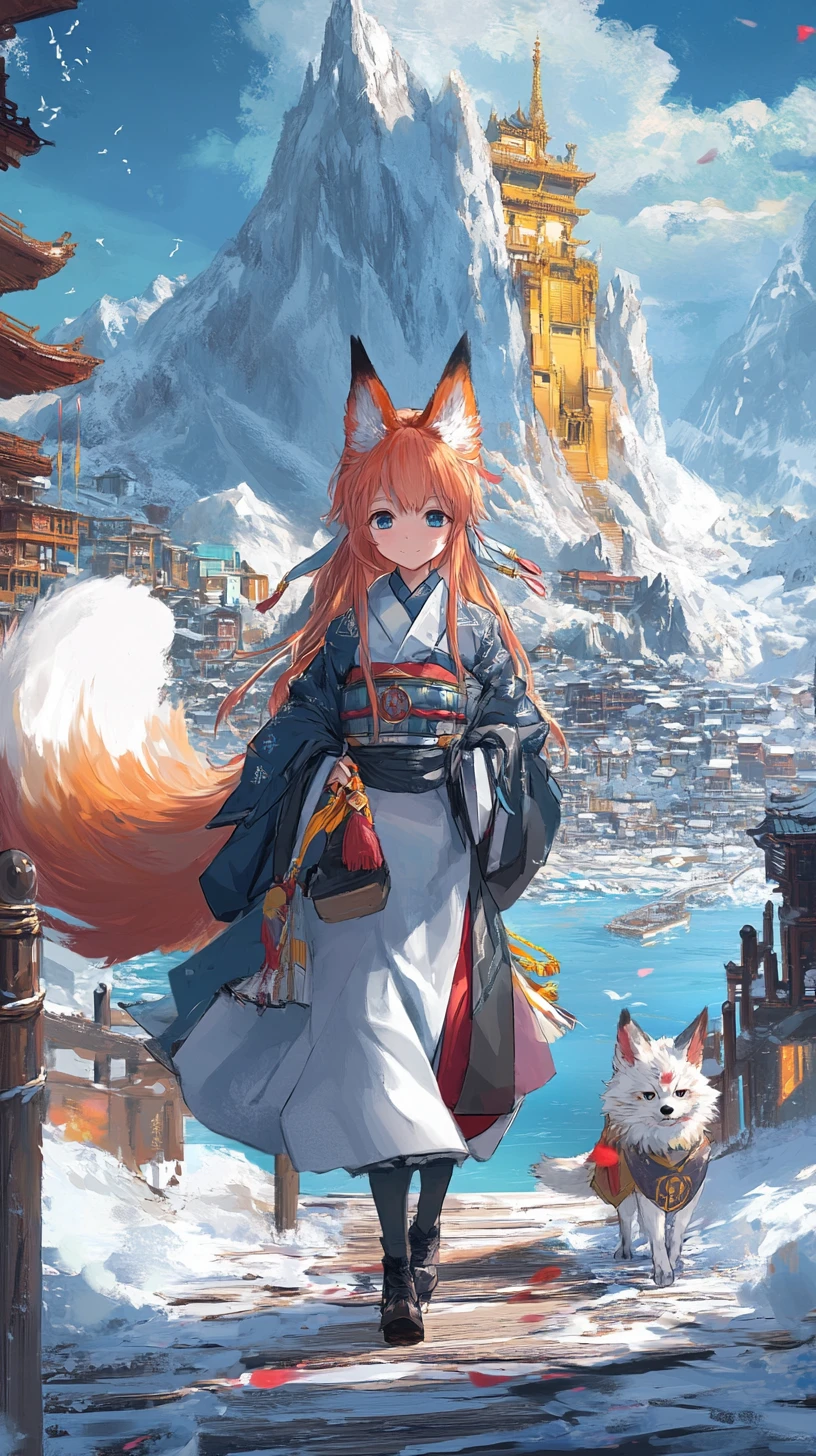 Anime girl crossing a wooden bridge to a torchlit fortress