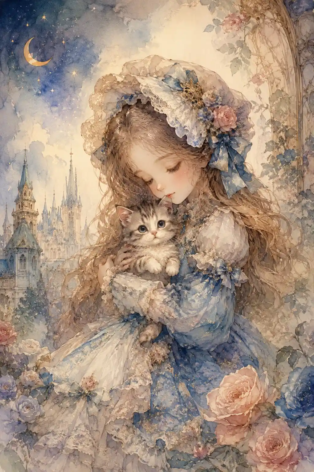 小さな女の子が子猫を抱く夢のような水彩画シーン