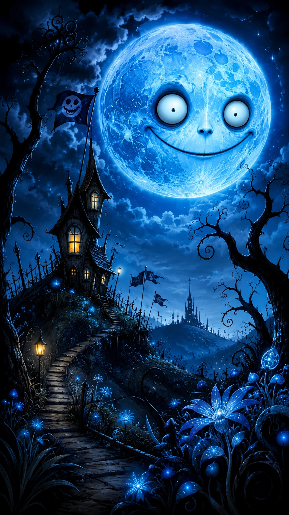 Luna blu brillante su paesaggio forestale oscuro e surreale