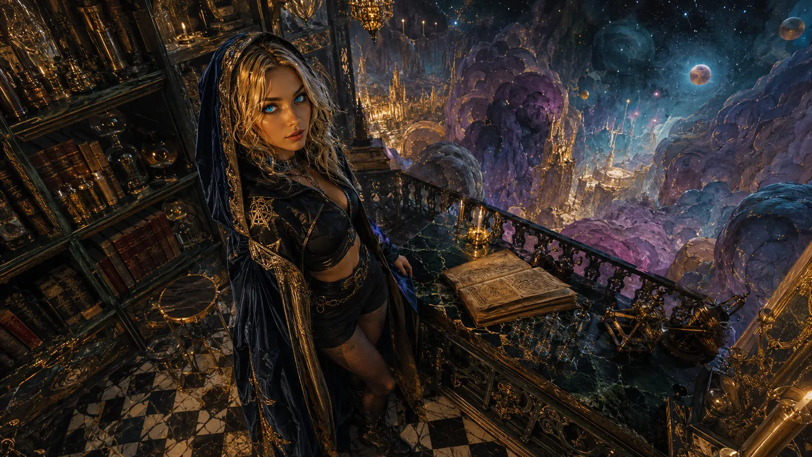 Femme élégante dans une bibliothèque gothique d’alchimiste vue d’en haut