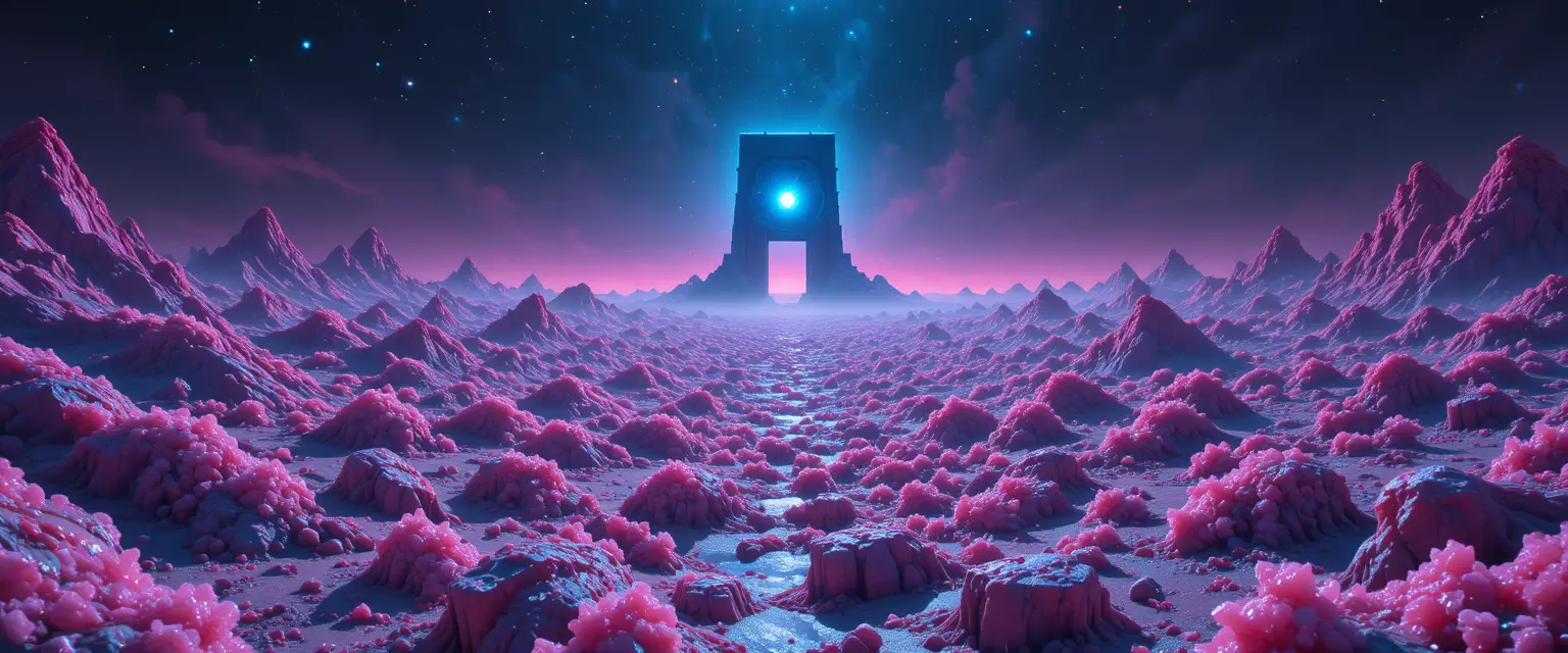 Cosmic monolith over a neon candy ocean landscape