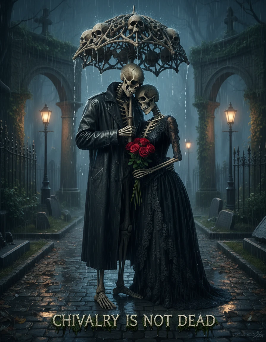 Skeletal lovers embracing under a bone umbrella in rain