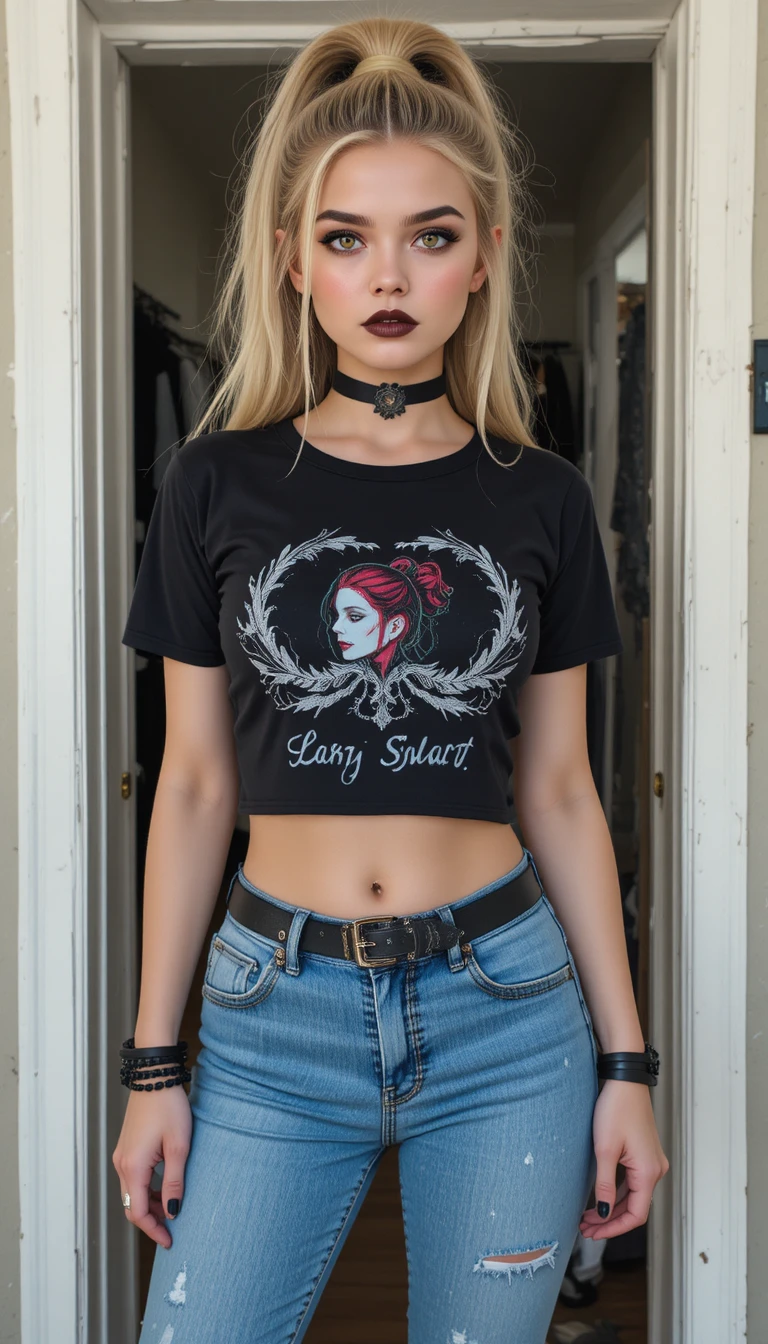 Chica gótica rubia con top corto negro en la puerta