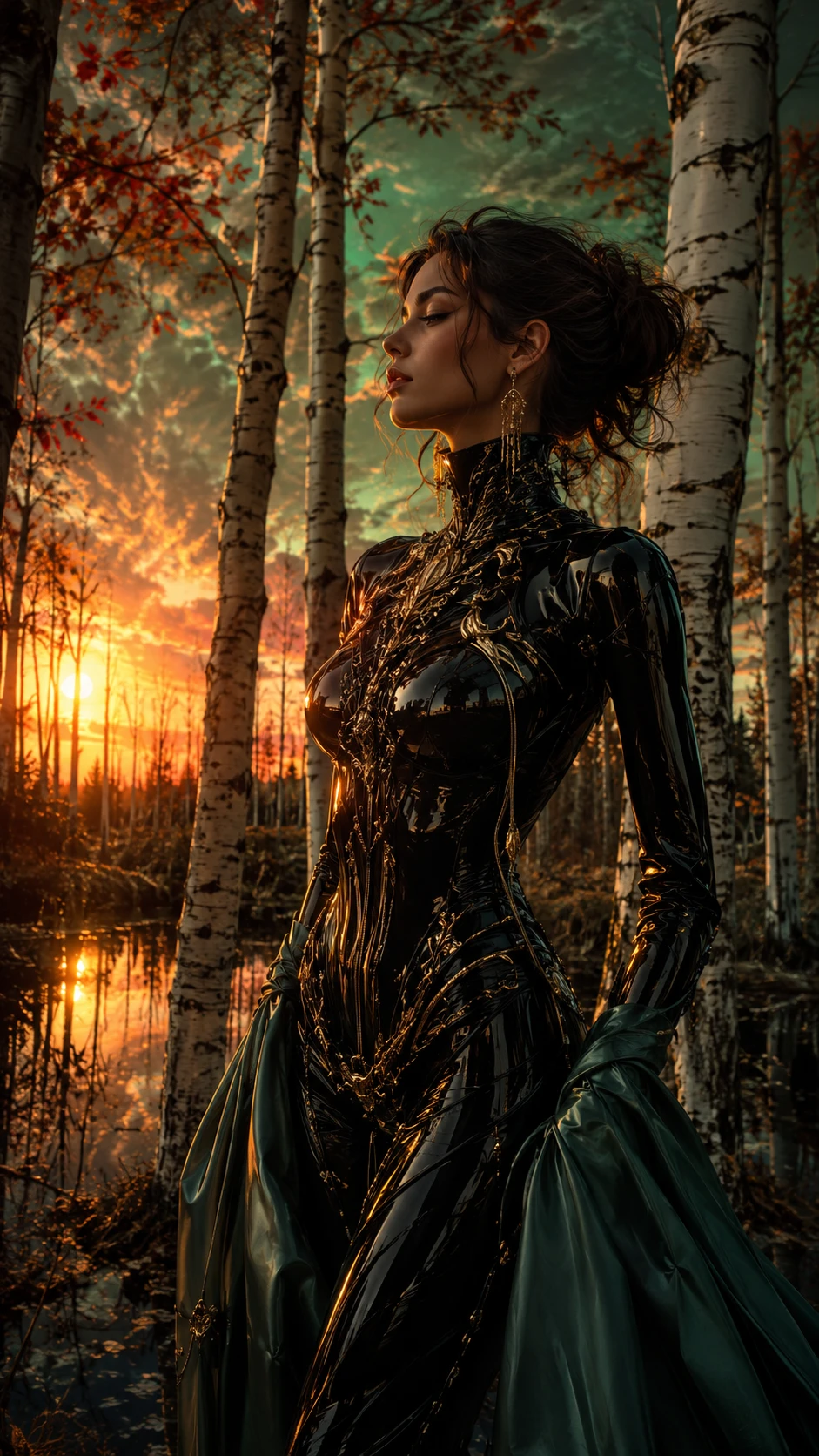 Mujer con atuendo vanguardista en bosque de abedules al atardecer dorado