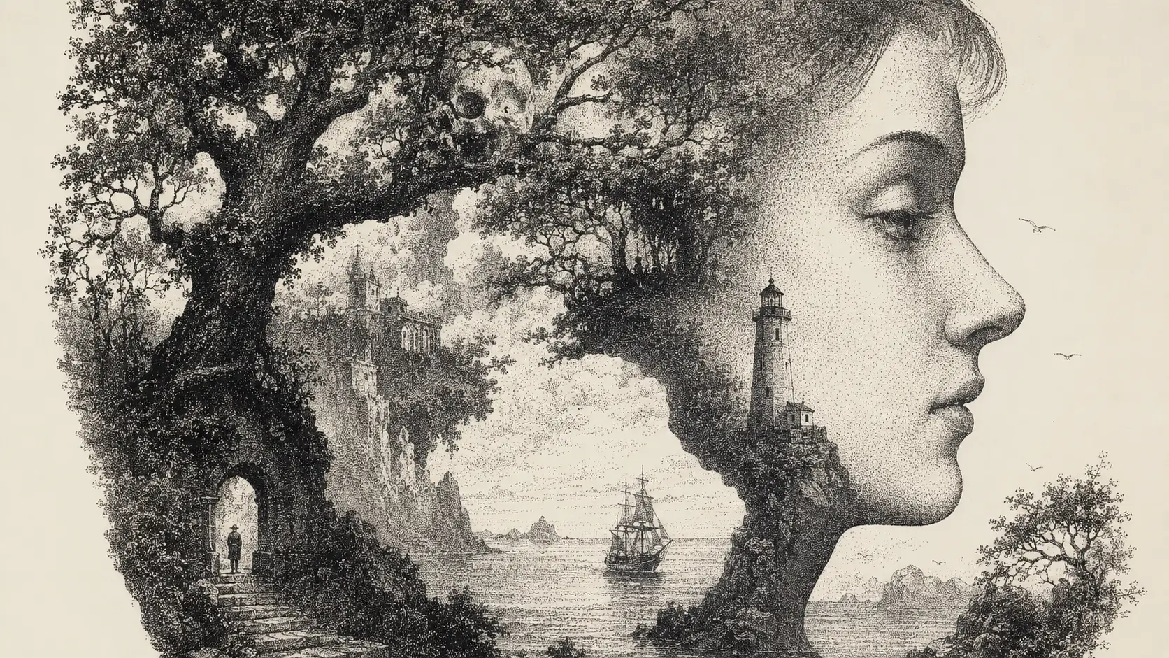 Intricate pen and ink stippling with hidden figure ground illusions